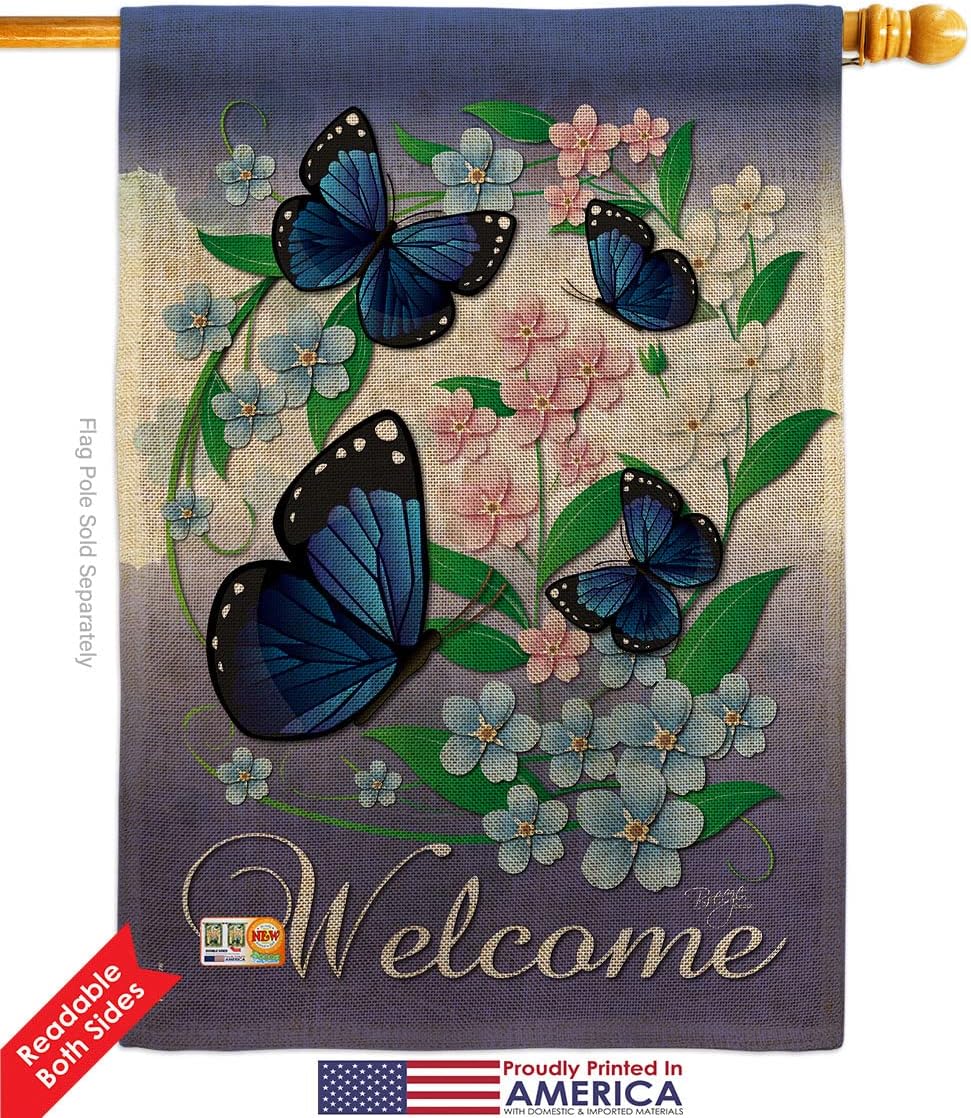 Blue Butterflies Burlap House Flag Garden Friends Butterfly Ladybugs Dragonfly Bee Springtime Insect Natural Wildlife Small Decorative Gift Yard Banner Double-Sided Made In USA 28 X 40