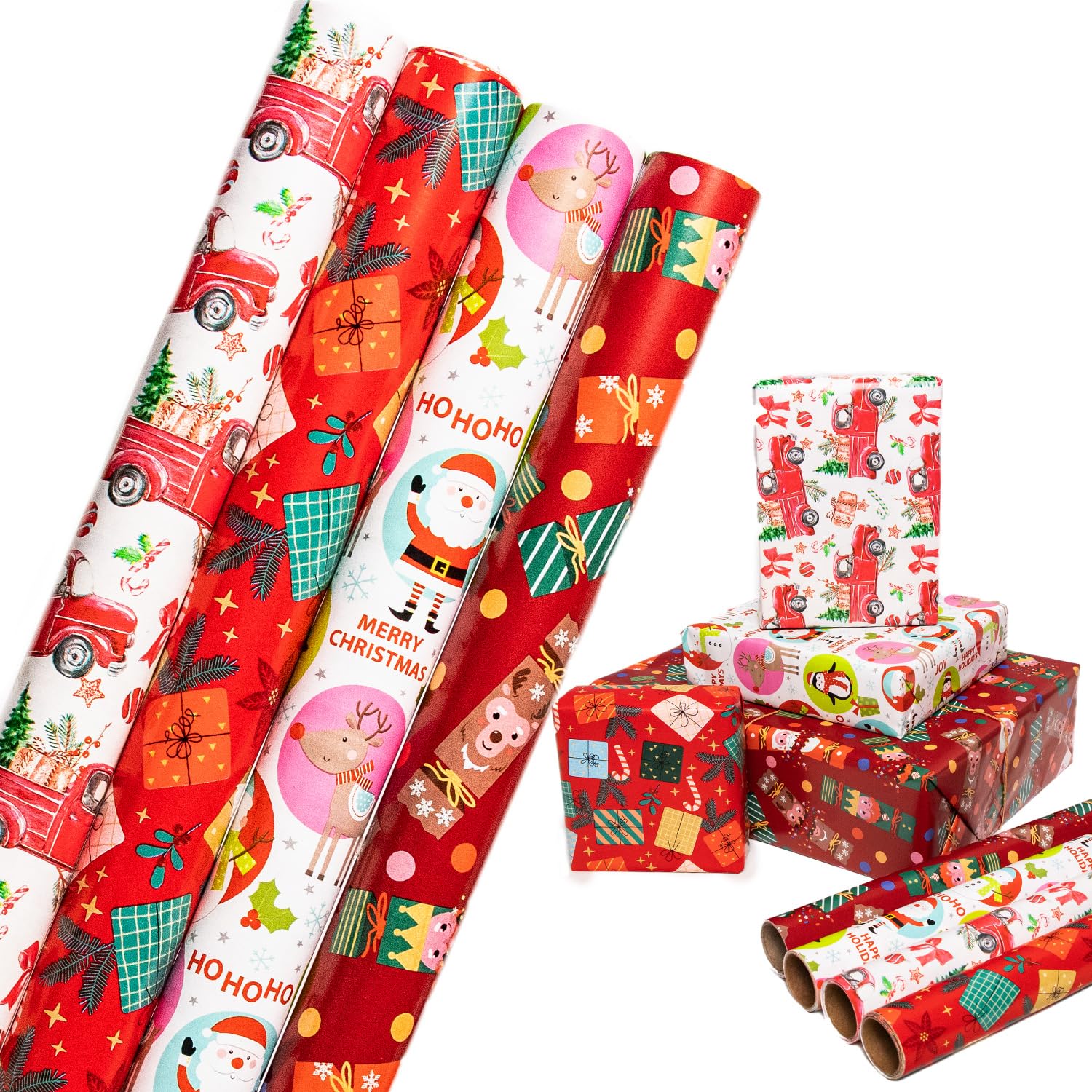 HBell Christmas Wrapping Paper Roll,4 Rolls 43cm x 3m Xmas Gift Wrap Paper