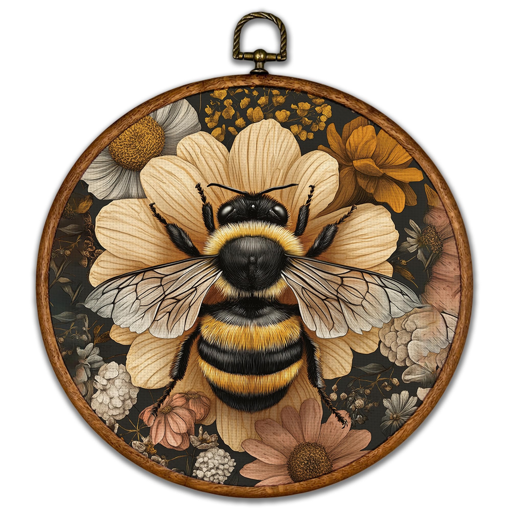 BCUANGD Vintage Bee Round Wall Art Decor - Retro Bumblebee Floral Wall Art Canvas Frame Artwork Prints, Neutral Cottagecore Wildflower Round Wall