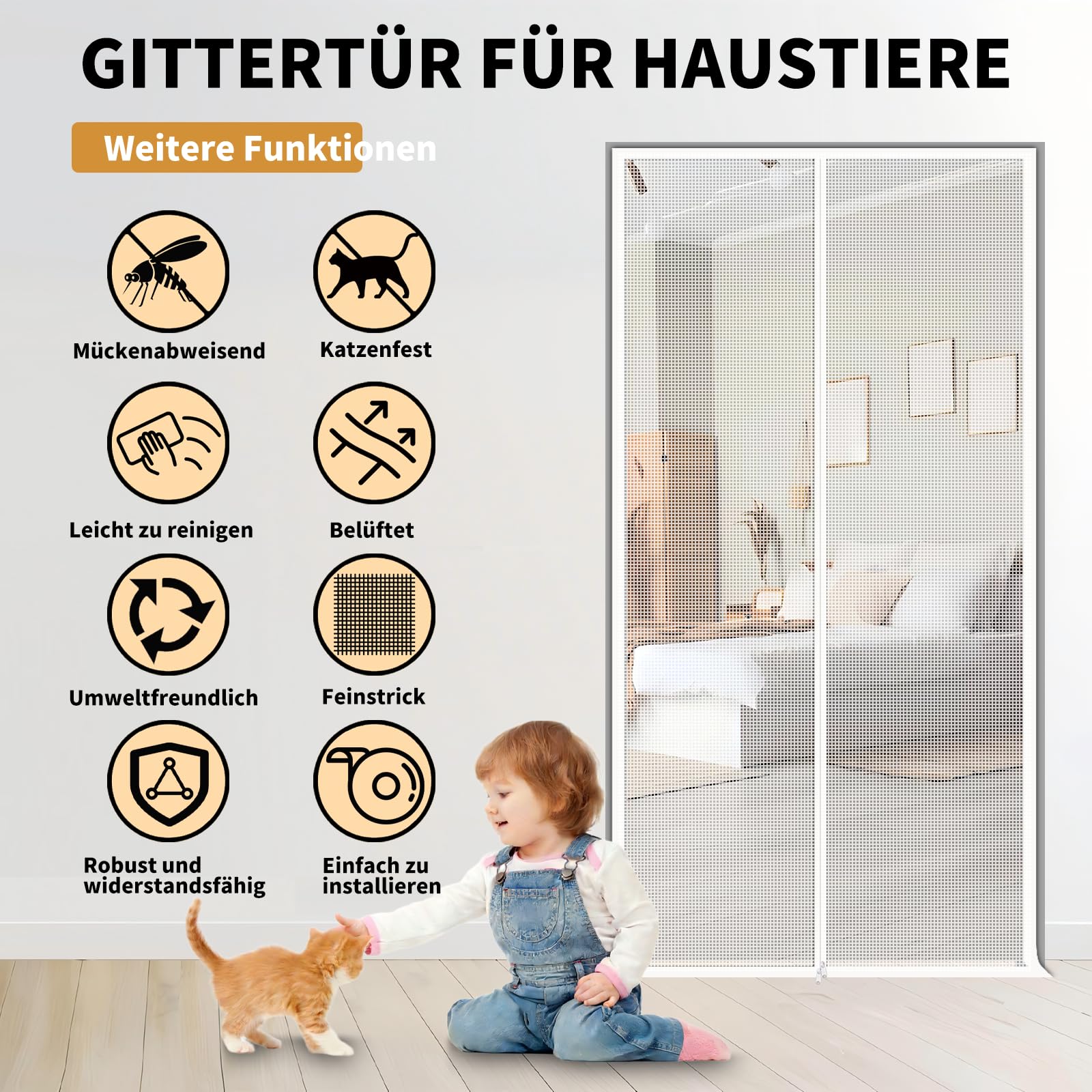 Katzennetz Tür 90x210cm, Fluchtsicher mit Doppelreißverschluss Verstärktes Mesh als Haustür für Katzen, Kratzfest & Atmungsaktiv für Frischluft (Weiß, Innen/Außen)