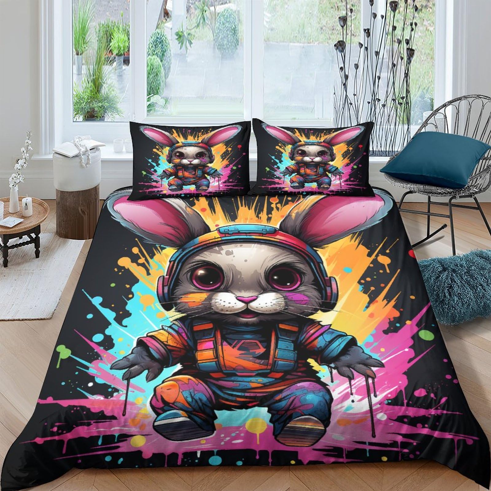 Parure de lit lapin 3D double 200x200 en microfibre respirante