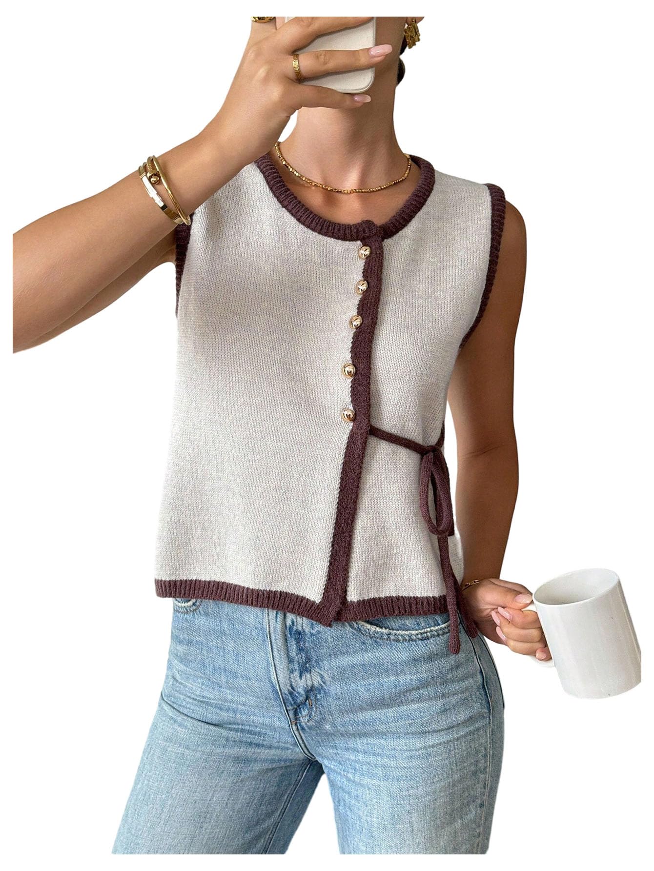 Verdusa Womens Bow Tie Button Up Sweater Vest Lightweight Sleeveless Knit Tops Elegant Work Vest