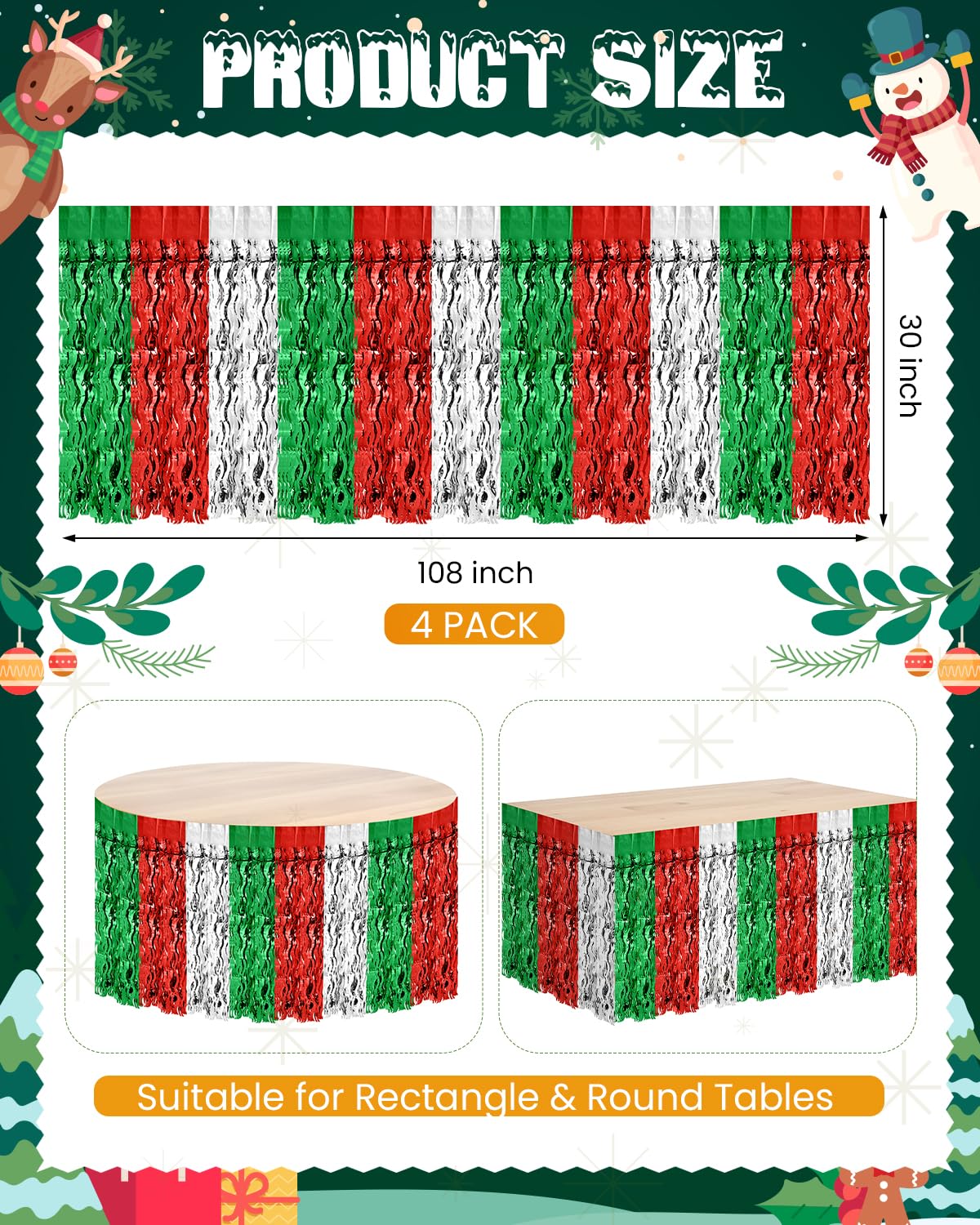 Glavatrix 4 Pack Christmas Table Skirt, Red Silver&Green Wavy Metallic Tinsel Foil Fringe Curtain Tablecloth, Streamer Backdrop Party Decorations for Christmas, New Year Theme Party Supplies (4 Pack)