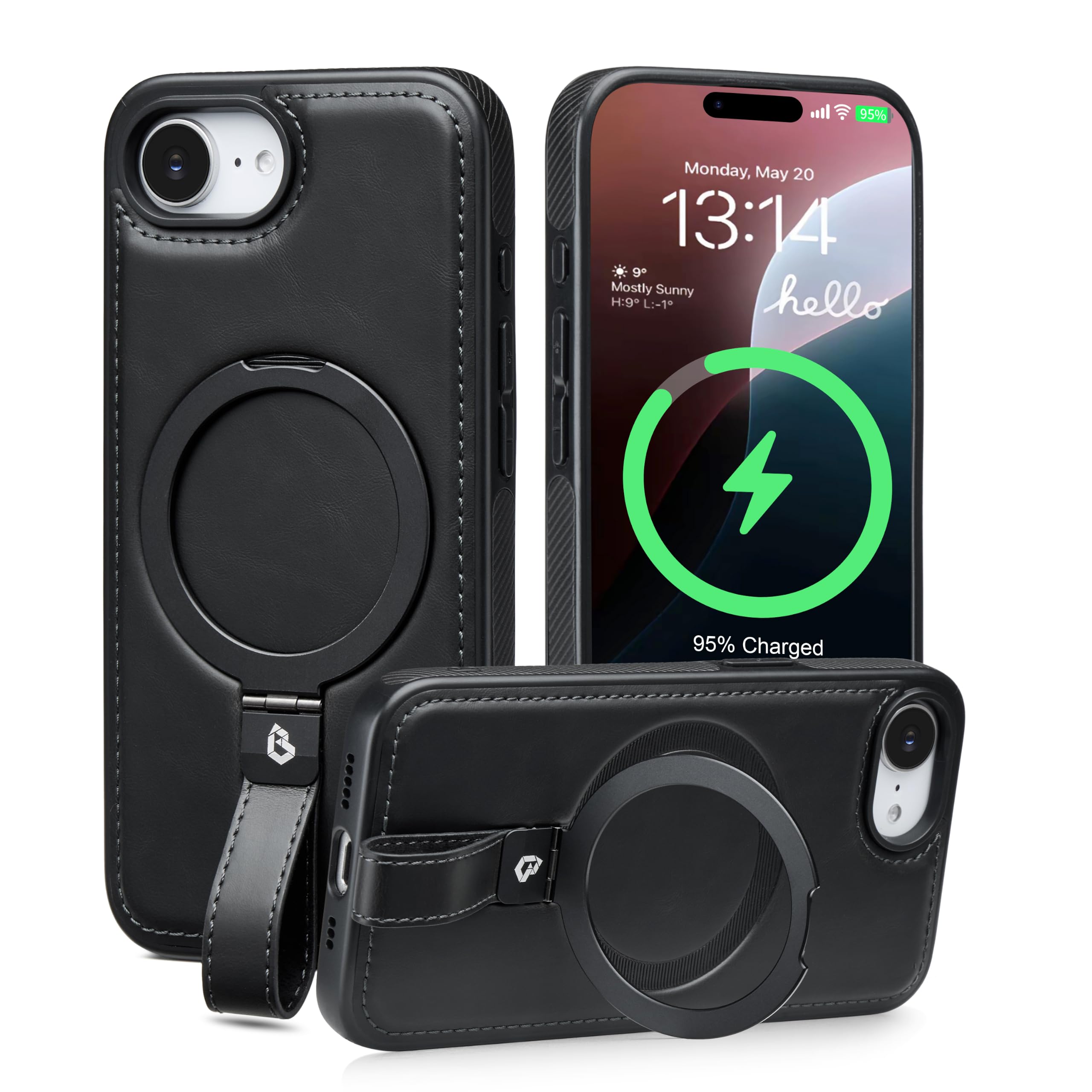 Funda para iPhone 17e y iPhone 16e, correa de piel con soporte de anillo