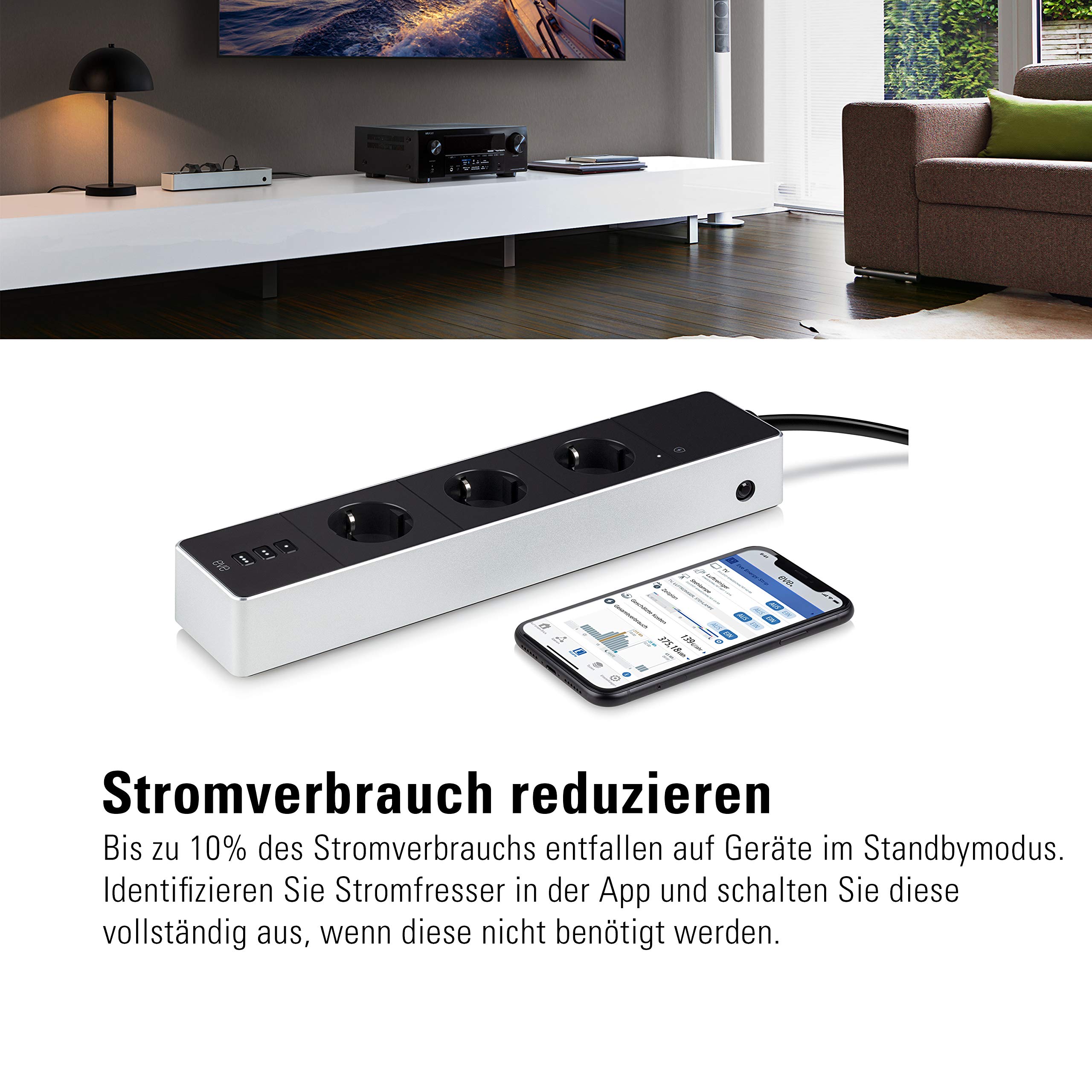 Eve Energy Strip – Smarte Dreifach-Steckdosenleiste, misst Stromverbrauch, Energiesparen, integrierte Zeitpläne, Fernzugriff, Keine Bridge nötig, Überspannungsschutz, Apple HomeKit