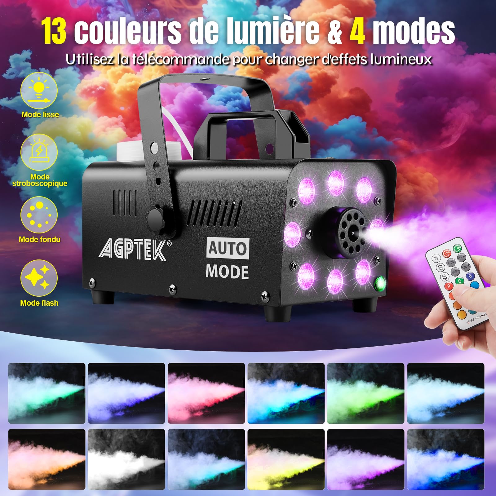 AGPTEK Machine à fumée télécommande avec 13 lumières LED colorées, puissance de 2000CFM avec 2 télécommandes sans fil, parfait pour mariage, Halloween et spectacles