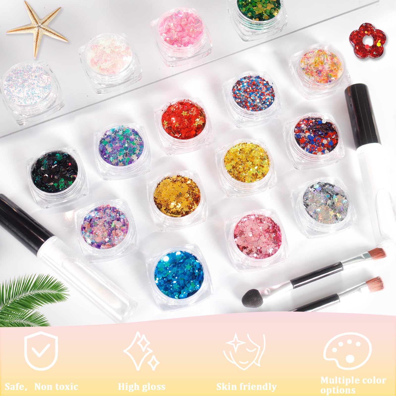 Brillantina holográfica gruesa de 16 colores con pegamento para maquillaje, cabello, ojos y sombra de ojos con purpurina fina, perfecta para fiesta de bandera del 4 de julio, Halloween 9