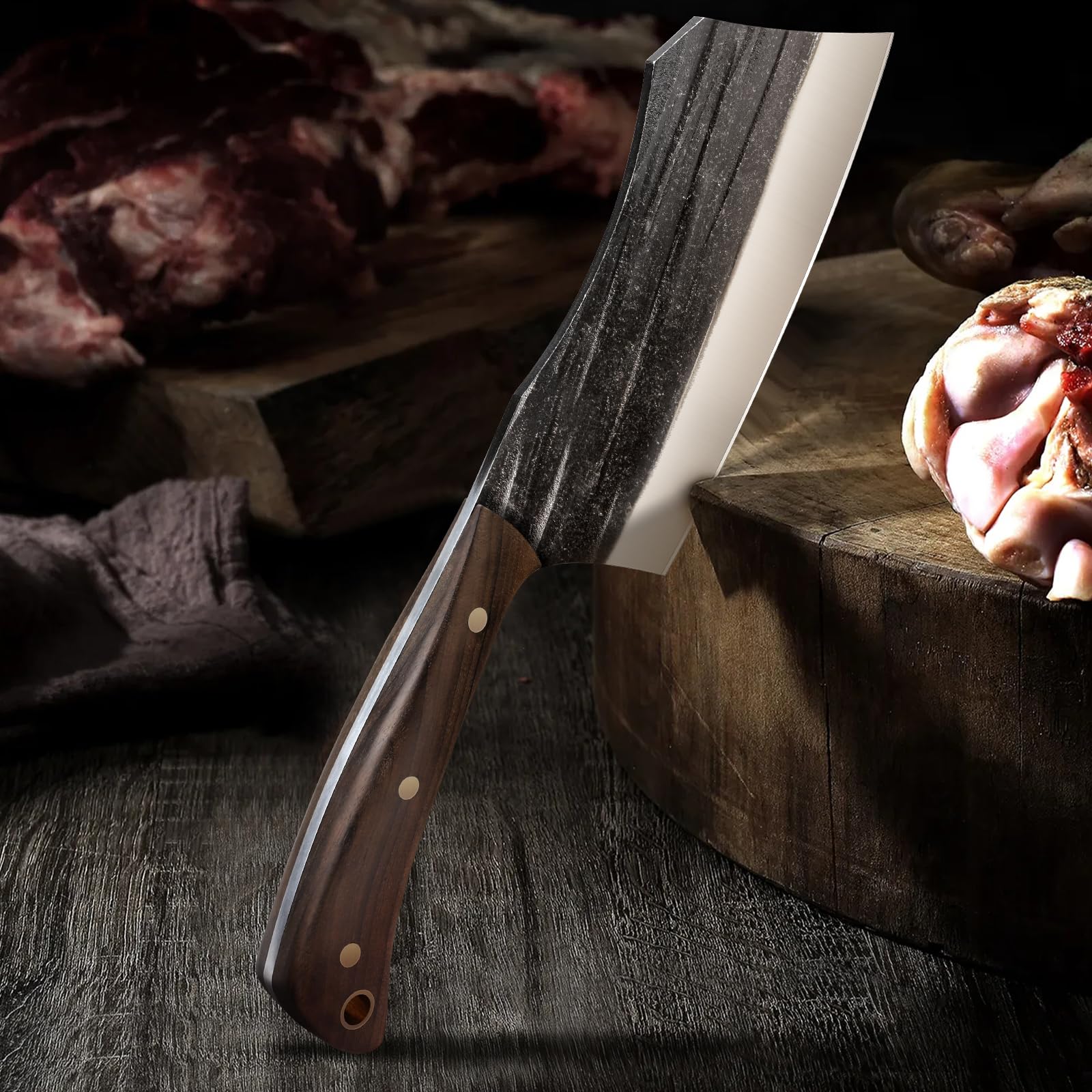 HOSHANHO Set di Coltelli da Macellaio, set di 3 Coltello da Cuoco in Acciaio ad Alto Tenore di Carbonio, Coltello da Mannaia Resistente, Coltello Vichingo per Casa Cucina Campeggio All'aperto BBQ