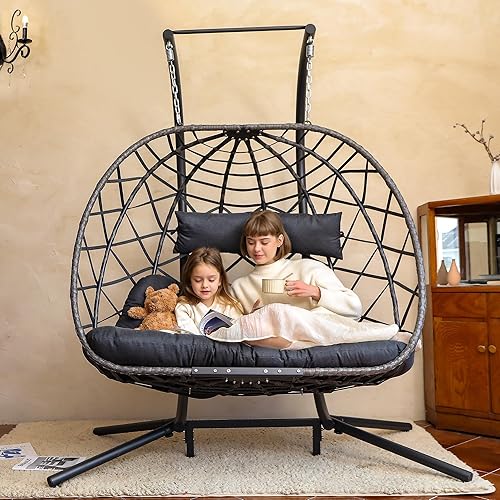 SWITTE Double Egg Swing Chair with Stand, 2 Person Outdoor Indoor Hammock Hanging Chair with Cushion for Patio Living Room 550 LBS Capacity-Dark Grey