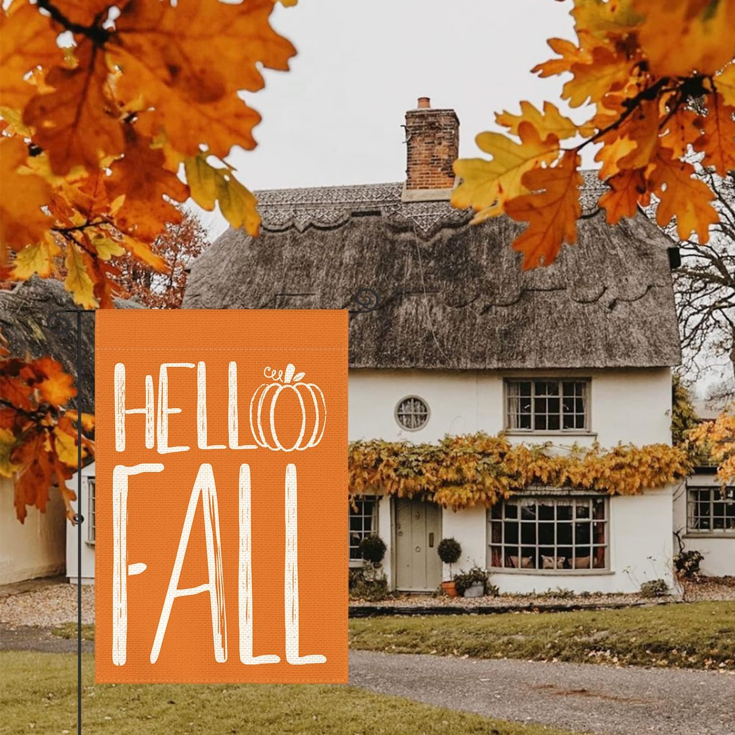 AVOIN colorlife Hello Fall Pumpkin Garden Flag 12 x 18 Inch Double Sided Outside, Autumn Rustic Yard Outdoor Decoration