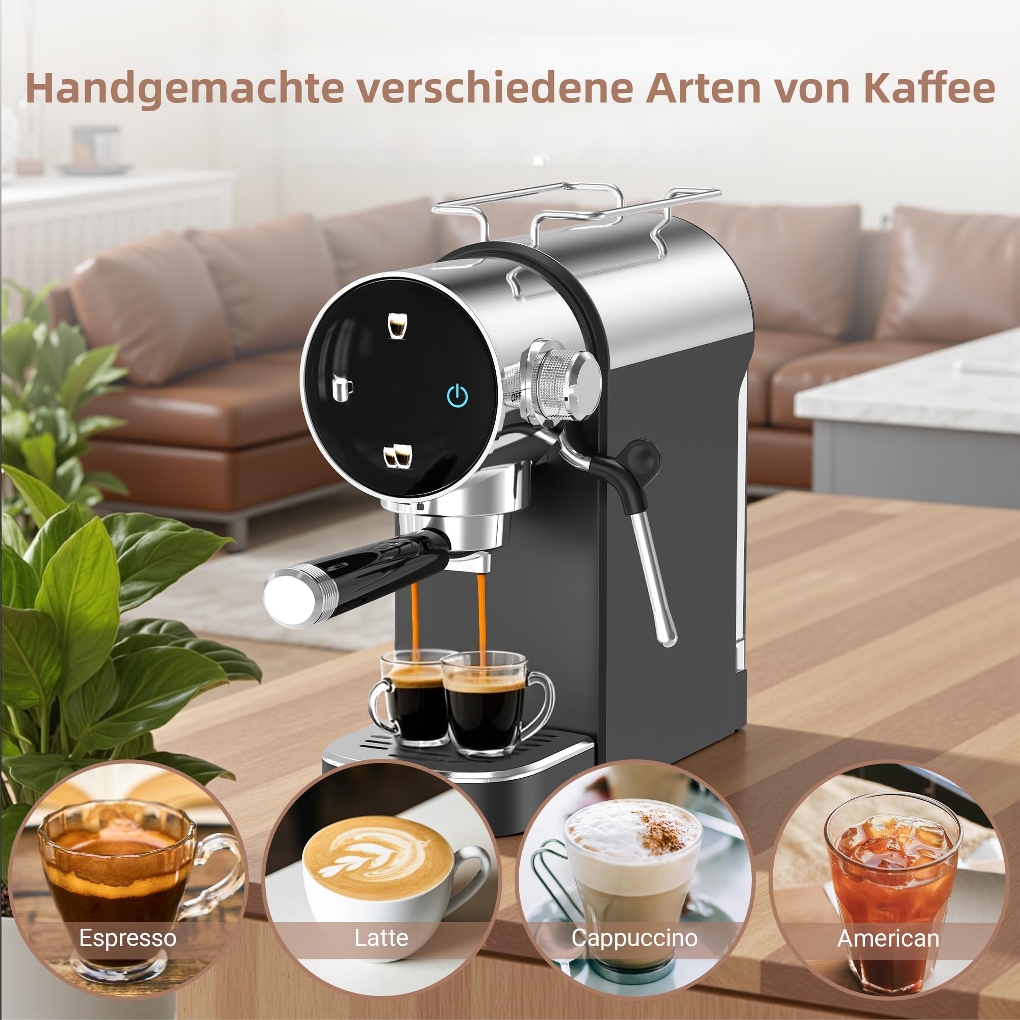 Ollygrin 20 Bar Espressomaschine mit Milchaufschäumer - Für Einzel- und Doppelshots, mit entnehmbarem Wassertank, Vorinfusion für cremigen Genuss - Ideal für Haushalt und Büro