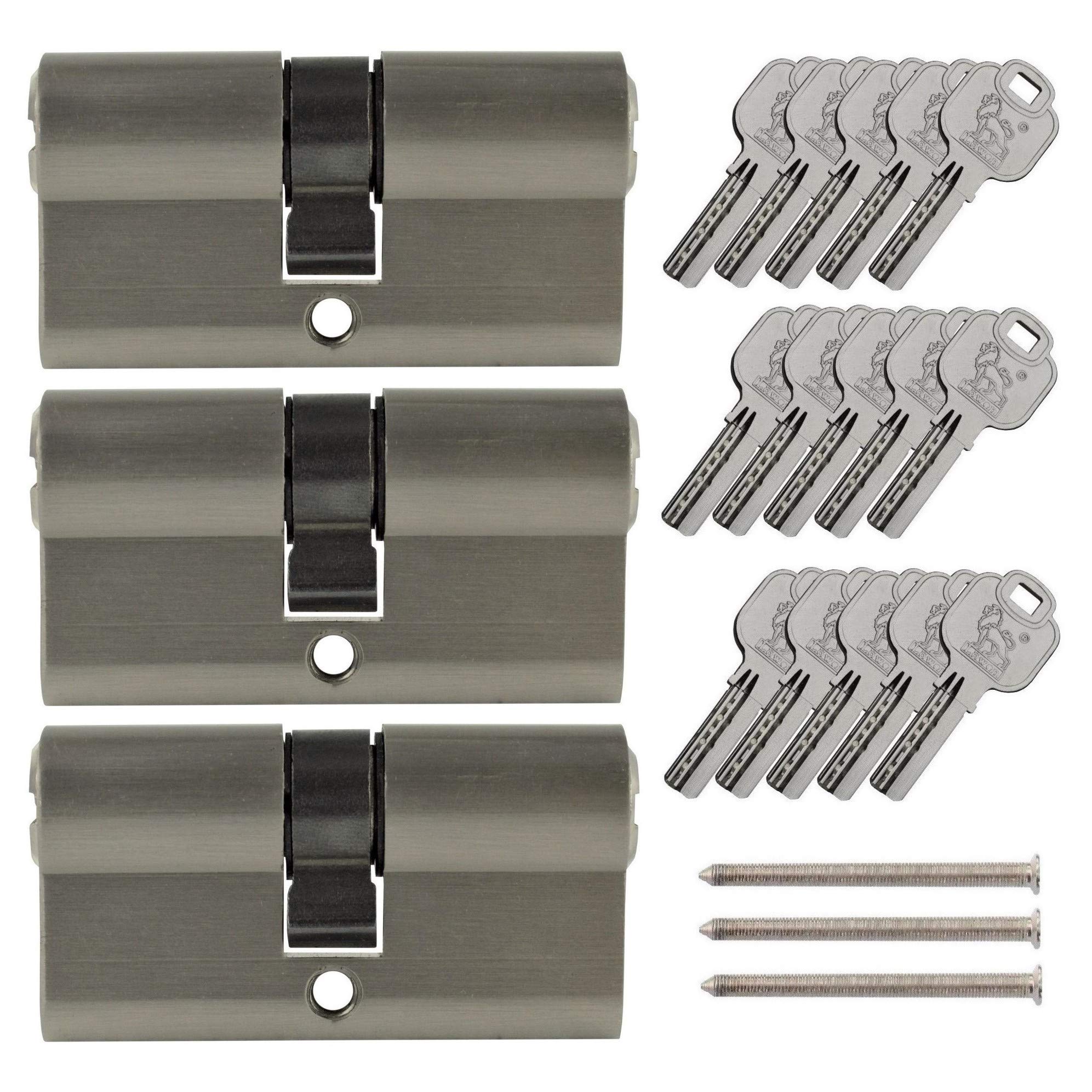 Lot de 3 cylindres profilés 70 mm 35/35 à fermeture identique avec 15 clés réversibles métallisées, argentées, grises