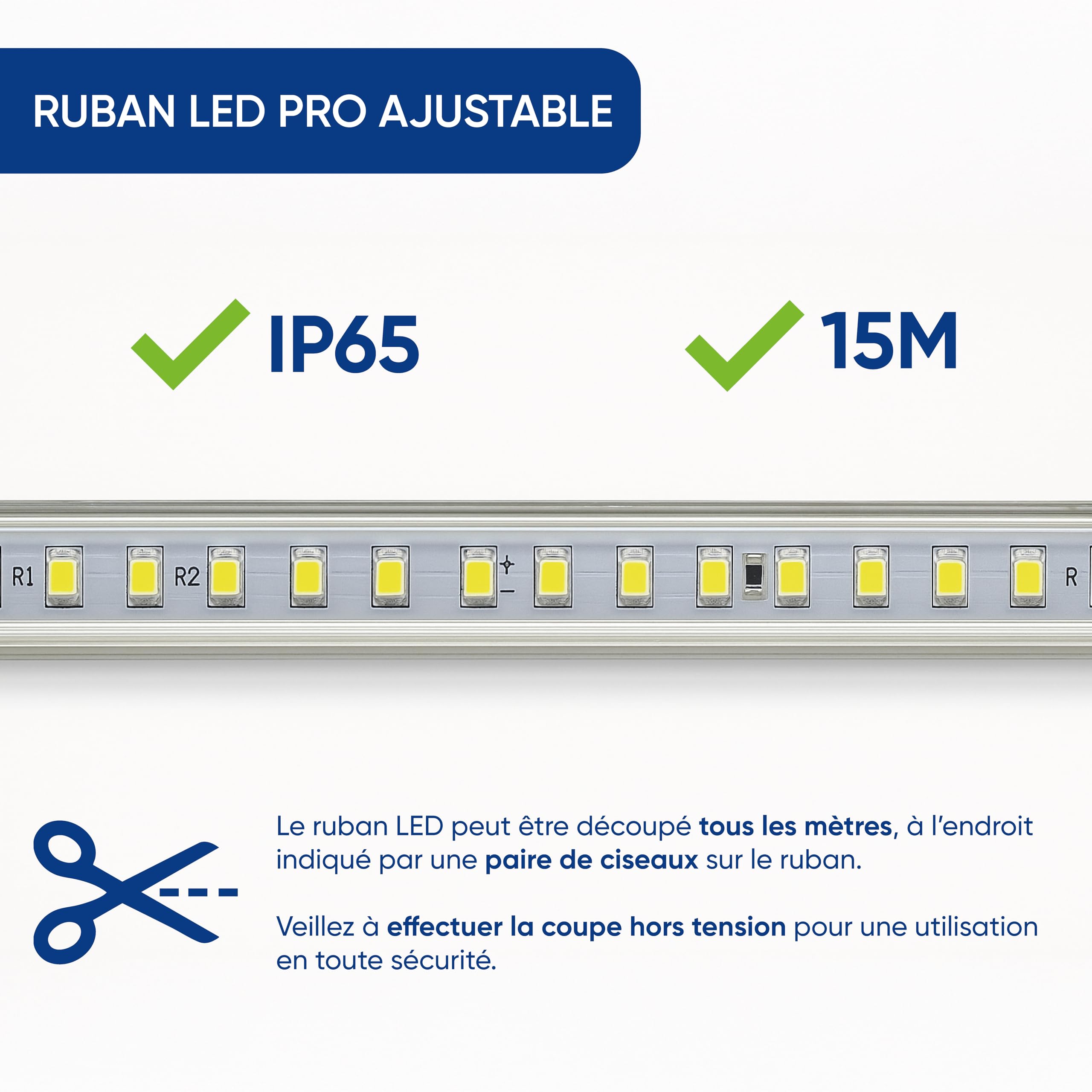 KELI FRANCE Striscia LED impermeabile IP65 15 m – bianco freddo 6000 K – 9 W/m – pronto per il collegamento 220 V – interconnesso – uso interno / esterno – standard CE/RoHS