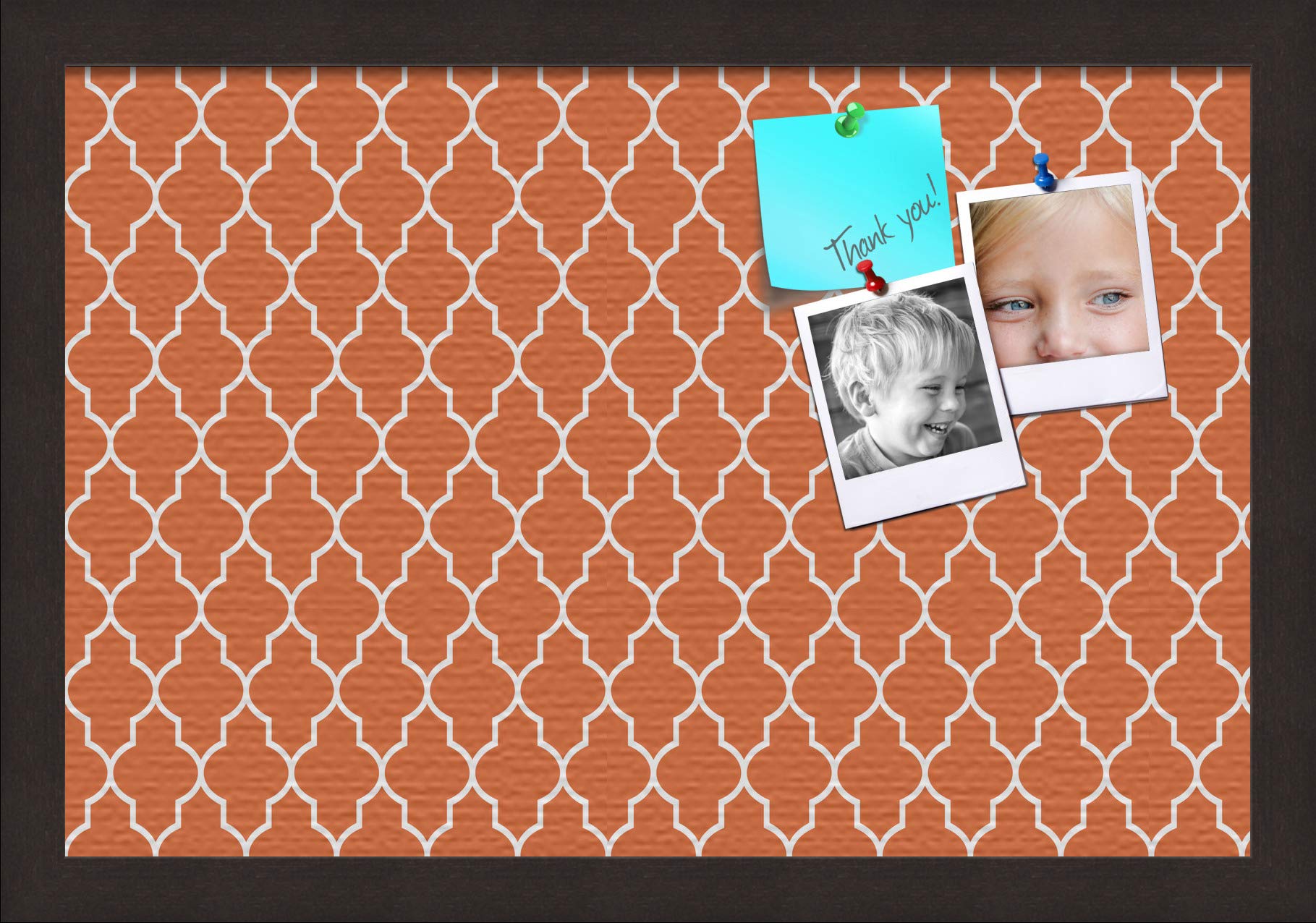 ArtToFrames 18x12 Custom Cork Bulletin Board. This Quatrefoil Orange Pin Board Has a Fabric Style Canvas Finish, Framed in Coffee (PinPix-328-18x12_FRBW26061)