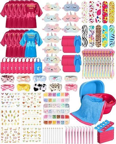Suhine Juego de 10 suministros de fiesta de spa para niñas, batas de satén para niños, kit de salón de uñas, accesorios para fiestas de cumpleaños