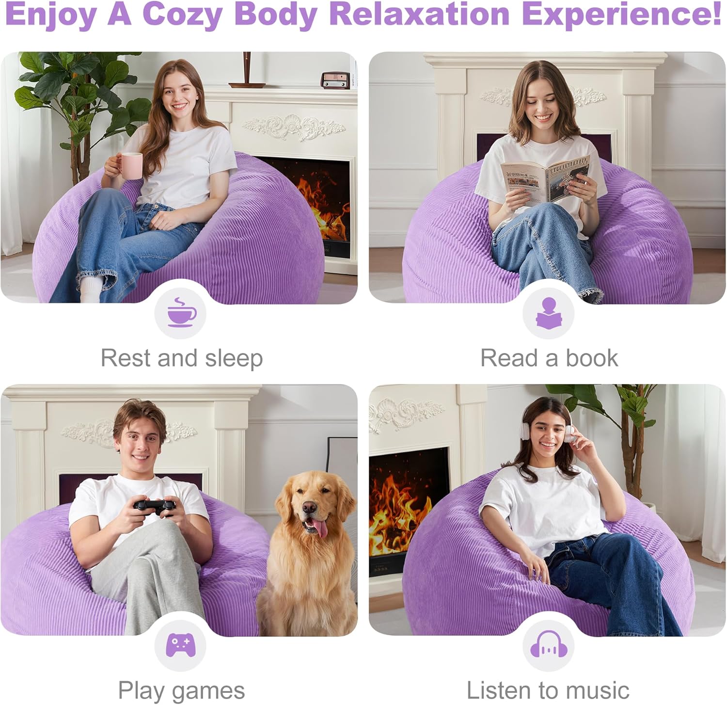Homguava 3FT Bean Bag Chair: Teardrop Bean Bags with Memory Foam Filled, Compact Beanbag Chairs Soft Sofa with Corduroy Cover (Purple)