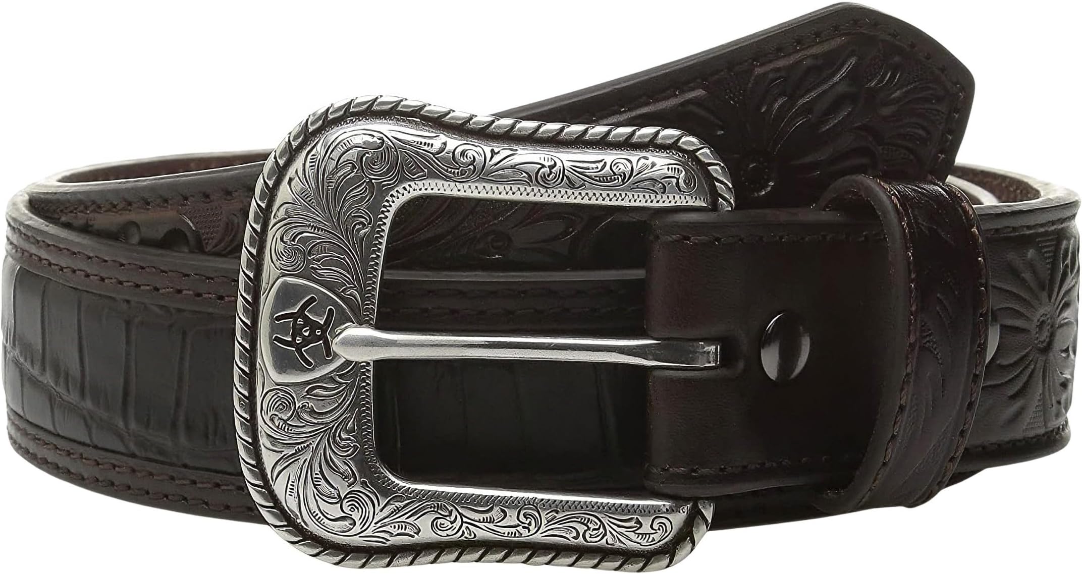 ARIAT Men's Floral Tab Faux Crocodile Leather Belt