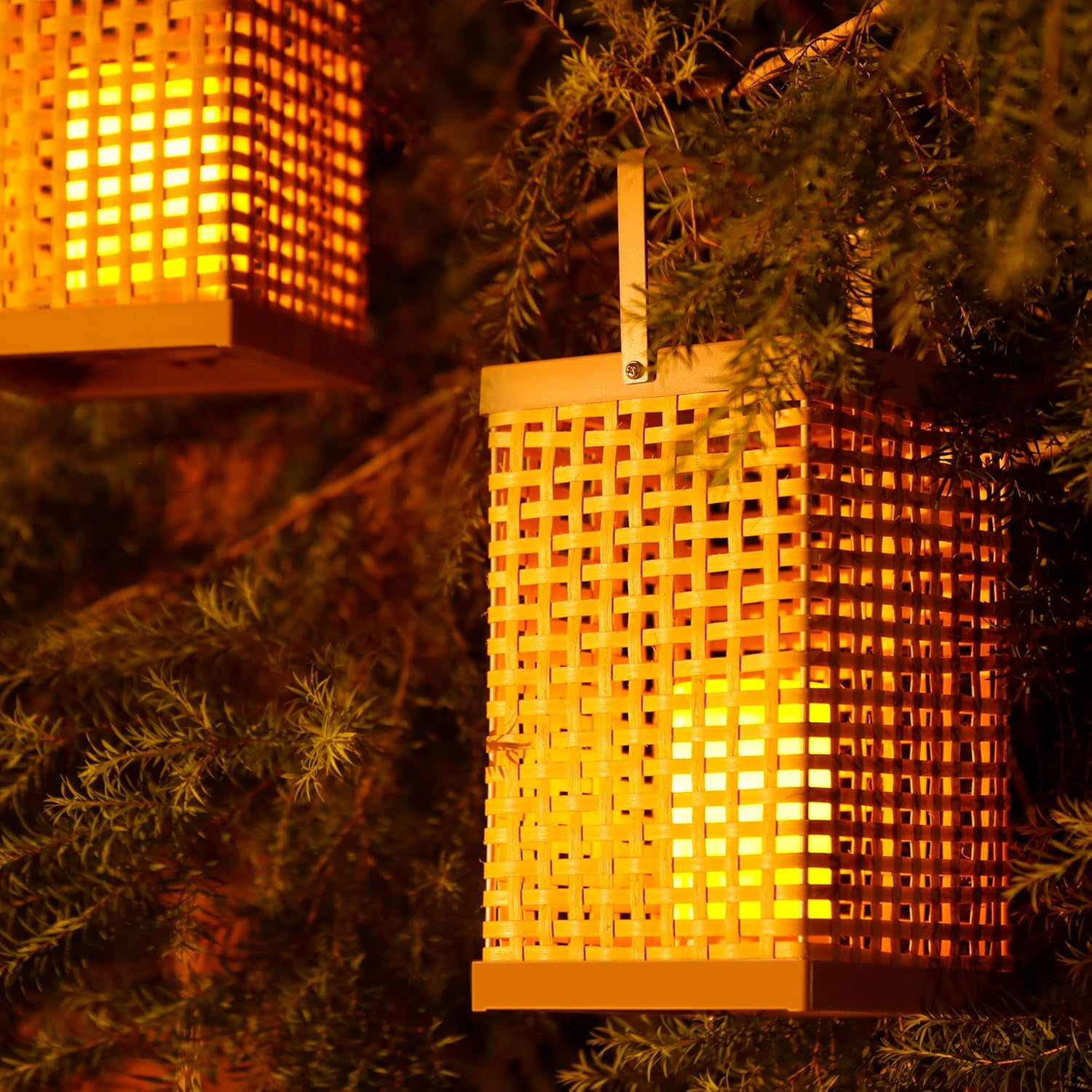 Solution4Patio 2 Pack PE Rattan Battery Operated Lantern with Handle, Waterproof, Candle-Shaped Bulb, Decorated for Indoor & Outdoor, Garden, Yard, Patio #N518A01