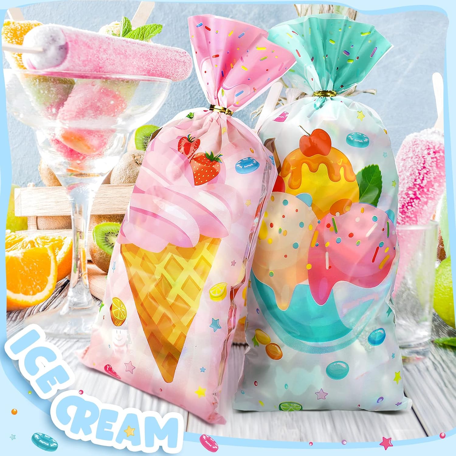 Eaasty 120 Pieces Ice Cream Party Favor Bags, 5 x 11 Inch Four Ever Sweet Goodie Bags with Twist Ties Goodie Cello Wrapping for Ice Cream Theme Party, Baby Shower, Weddings, Valentines image 2
