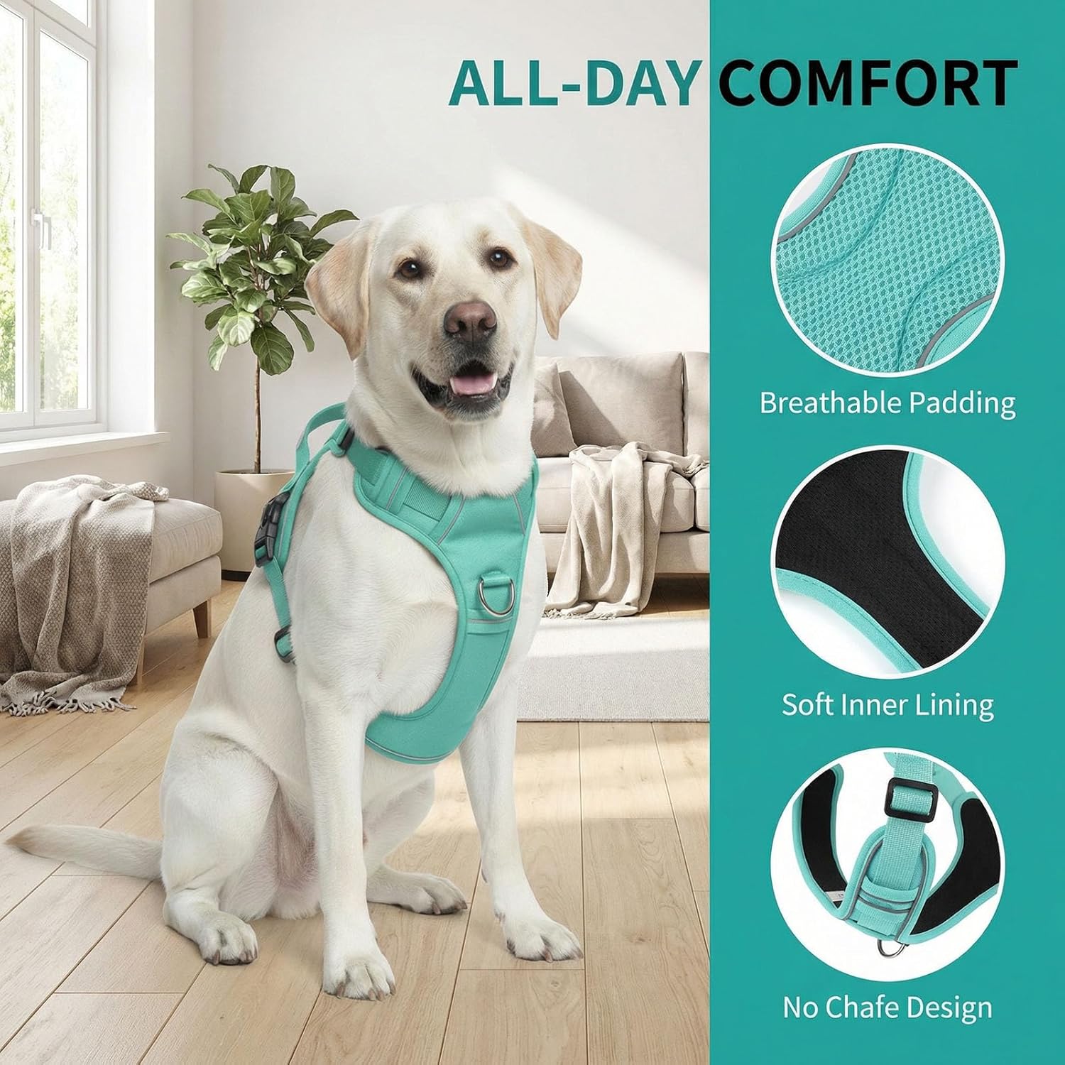 No Pull Dog Harness with 2 Leash Clips, Adjustable Soft Padded Reflective Oxford Pet Vest with Easy Control Handle for Large Dogs (Turquoise, Extra Large)