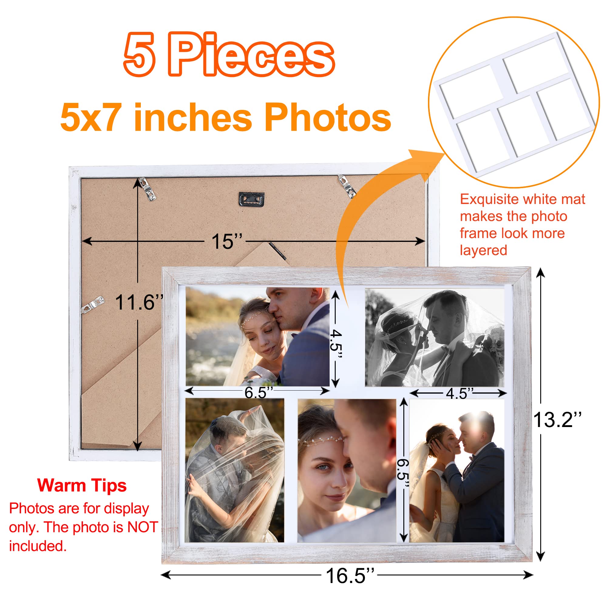 Fikomash Collage Picture Frames Wall Decor with 5 Openings 5x7 Rustic Photo Collage Frame Farmhouse Wood Grain Multi Picture Frame for Wall Mounting Tabletop Display White