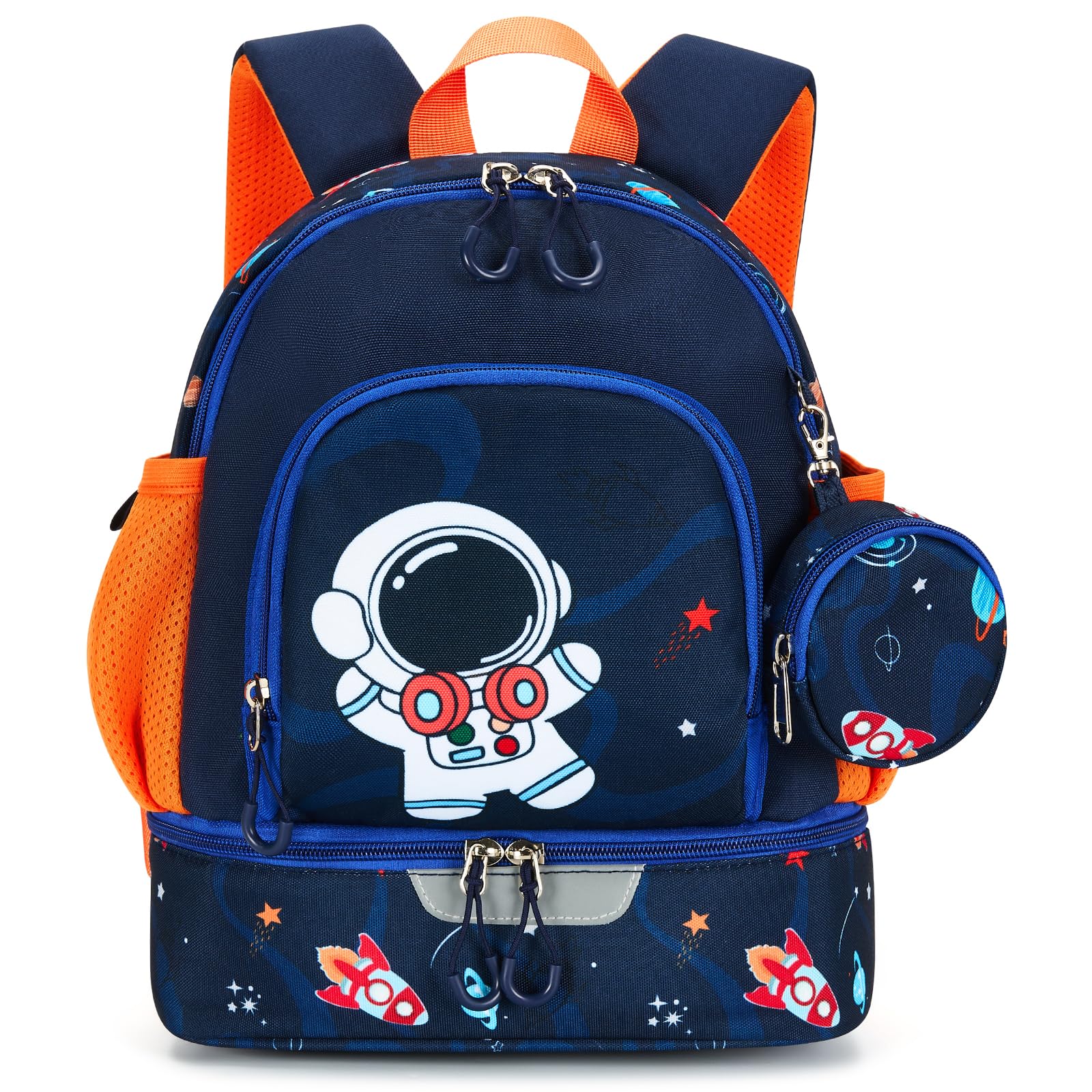PROTAURI Zainetto Asilo Bambino con Cinturino Toracico, Zaino Bimba Asilo Riflettente con Scomparto Isolato & Portamonete, Zaino Asilo Nido Impermeabile per 2-6 Anni, 11.5L, Astronauta