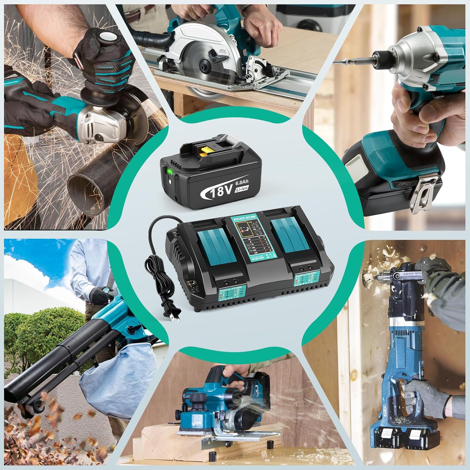 18V 6.0Ah Replace Long-Lasting Lithium Battery & Fast Charger for Makita 18V Battery & Tool, 18 Volt DC18RD Dual Ports Charger Compatible with Makita BL1860B BL1850B BL1840B BL1830B DC18RC - Image 7