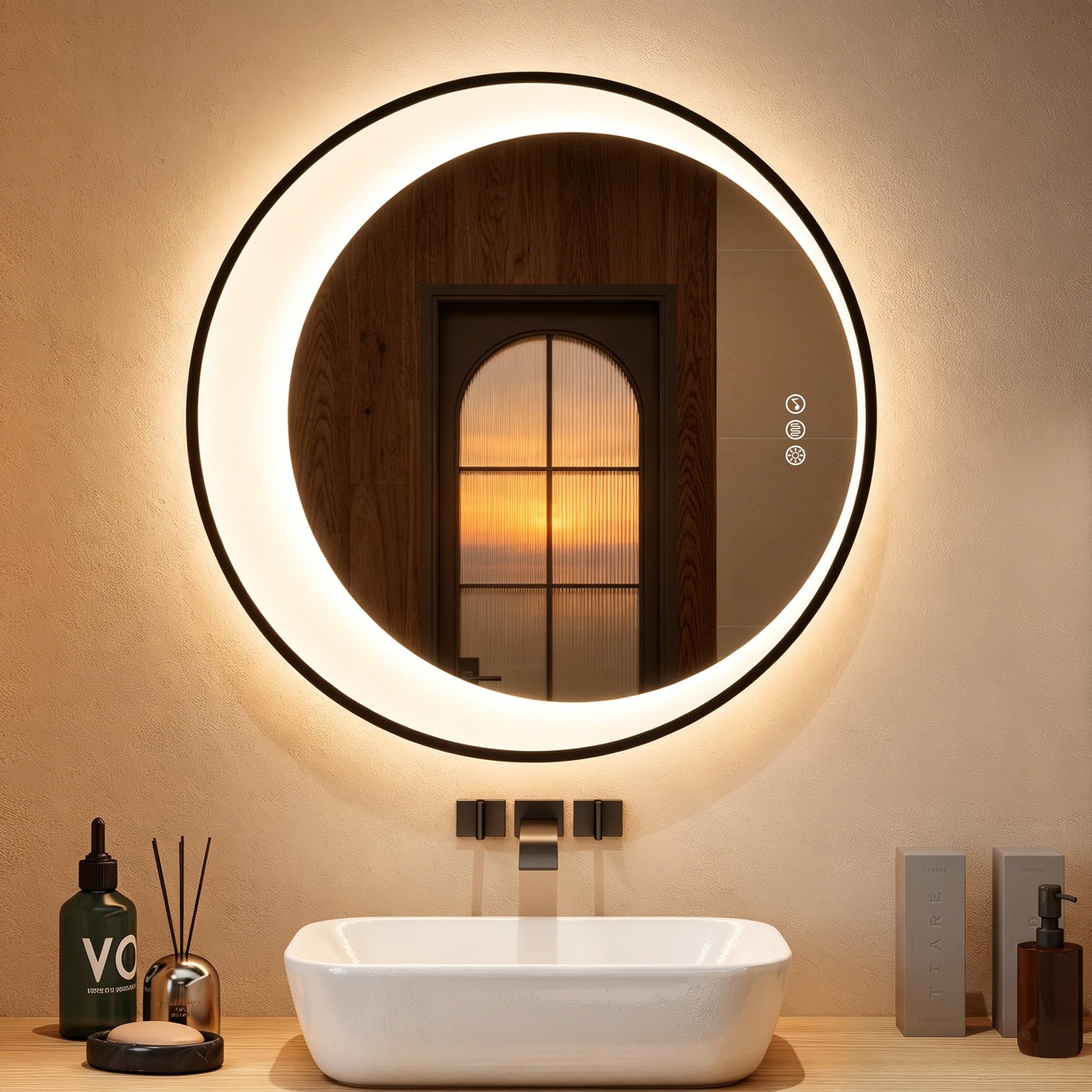 STARLEAD Badspiegel-Rund-mit-Beleuchtung, Oval-LED-Spiegel-Rund mit Einstellbarer Helligkeit, 3 Farbtemperatur, Entfogging, Bluetooth, Memory of Light, IP44 Badezimmerspiegel