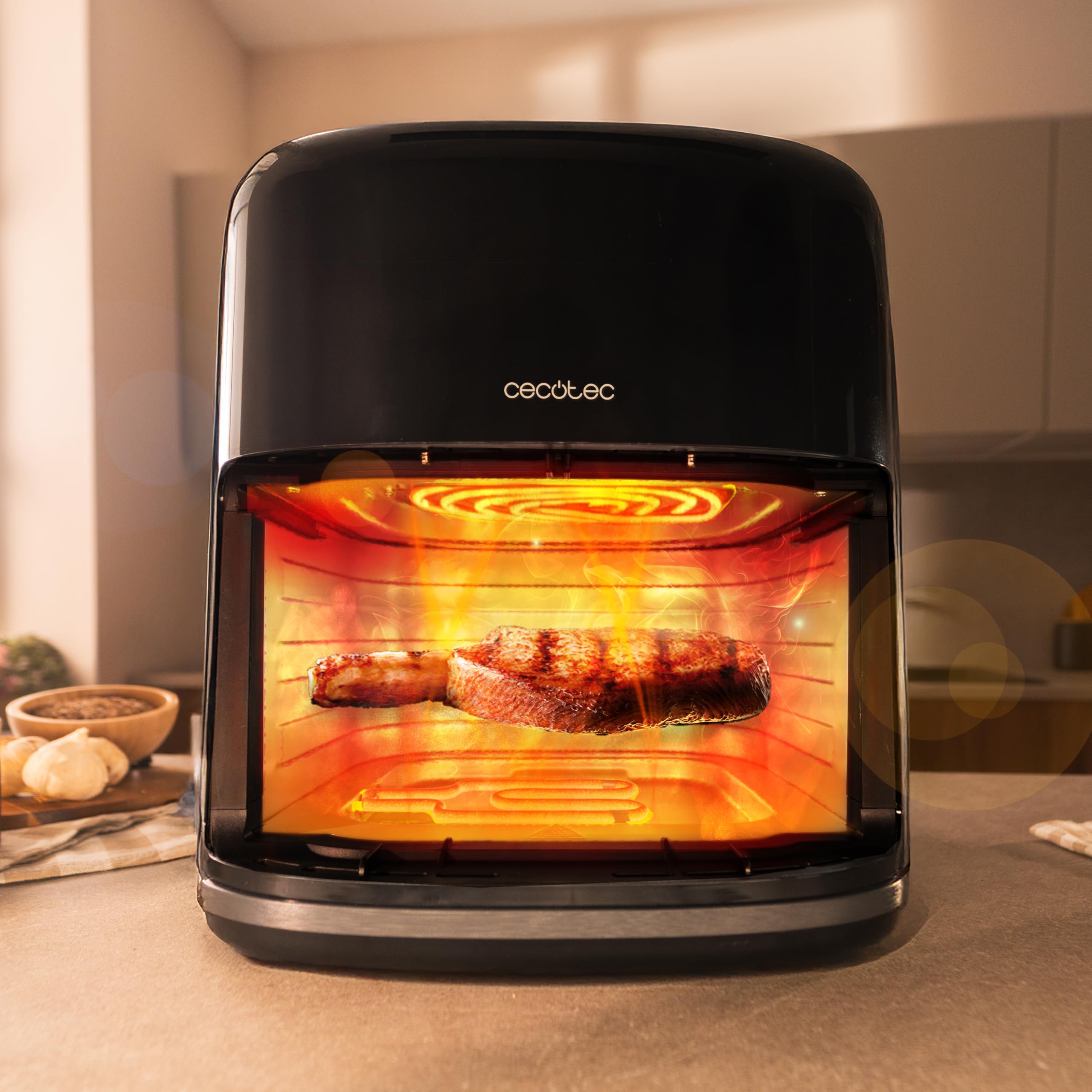 Cecotec Freidora de Aire sin Aceite 6,5L Plancha Grill con 4 Resistencias Ahumador Integrado Air Fryer Cecofry&Grill Smokin'Prime 6500. 2200W, Pared Divisoria Móvil, 40-20ºC, 10 Menús