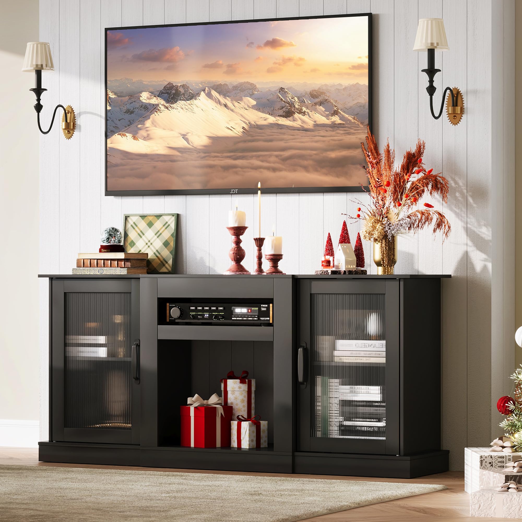 WLIVE Farmhouse TV Stand for 65 inch TV, 58" Entertainment Center with Storage Cabinets, Open Shelves TV Console for Living Room and Bedroom, Black