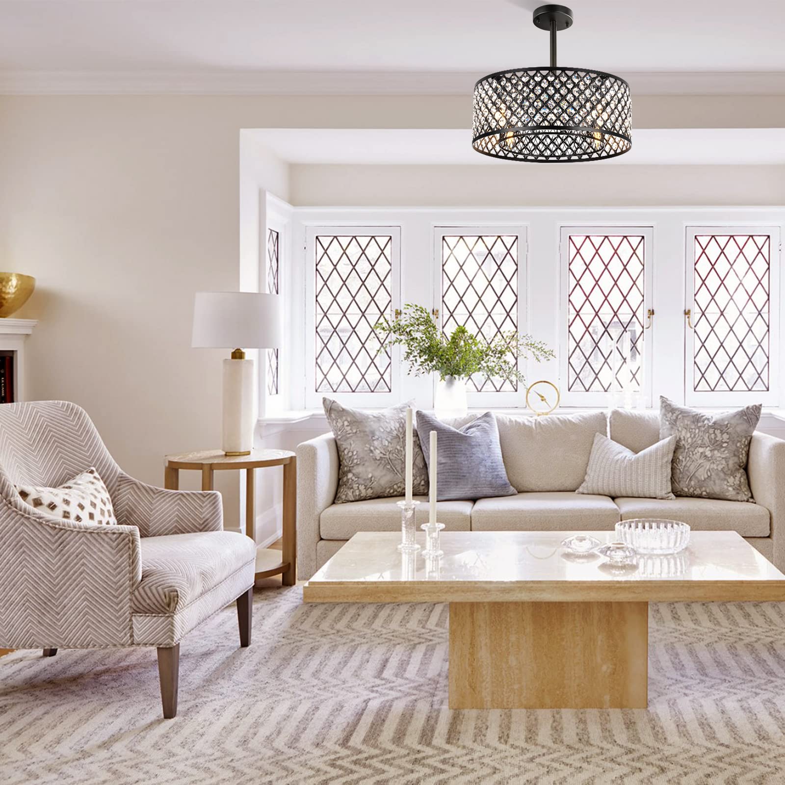 Nooknova 18'' Small Crystal Chandelier Caged Fandelier Ceiling Fan with Light and Remote, 6-Speed Black Modern Bladeless Industrial Farmhouse Ceiling Fan with Light for Living Room Bedroom Dining Room