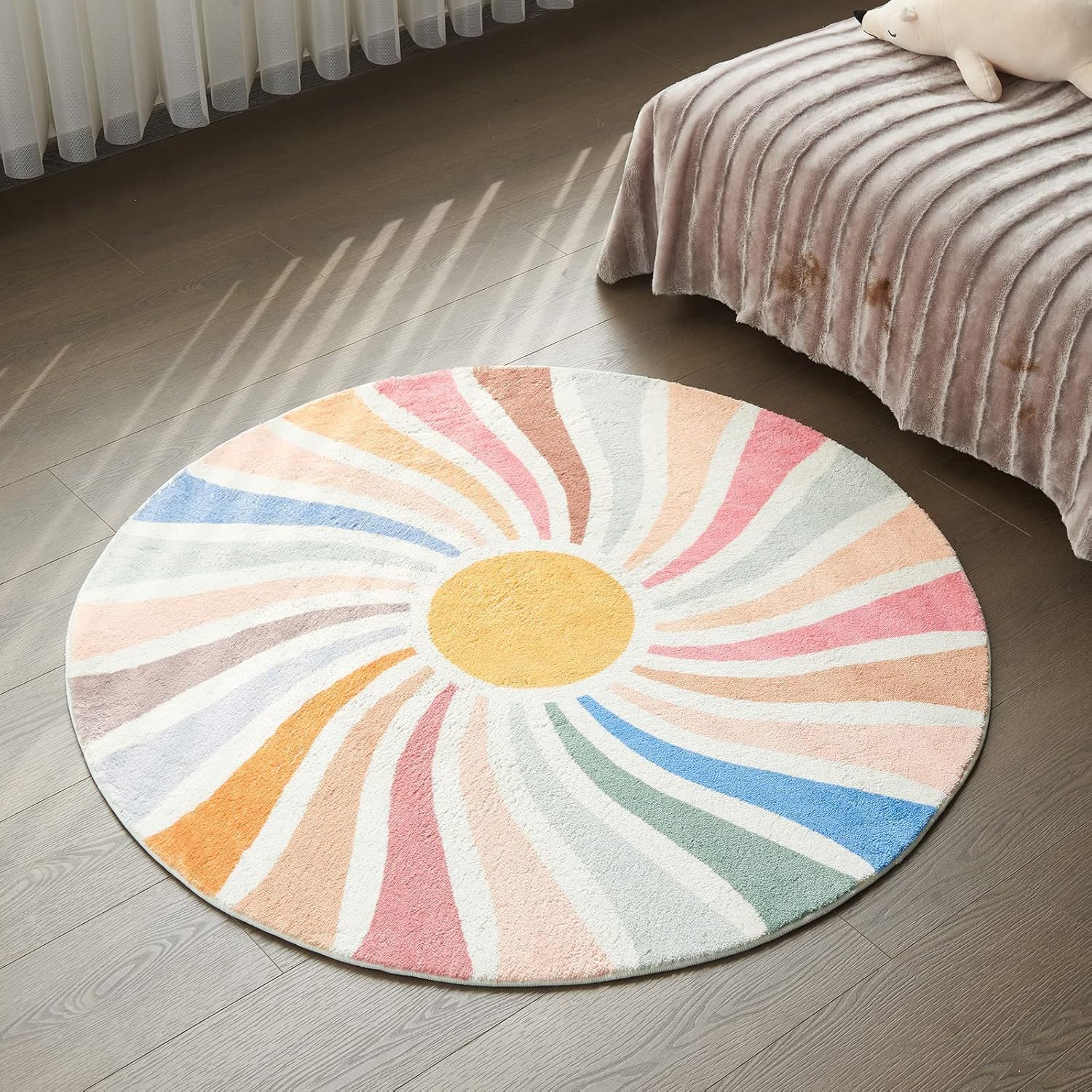 Round Carpet Play mat Area Rug Soft Short Pile Rugs for Bedroom Playroom Carpet Decor Rug Cute Cartoon Colored Yellow 200cm - 200cm