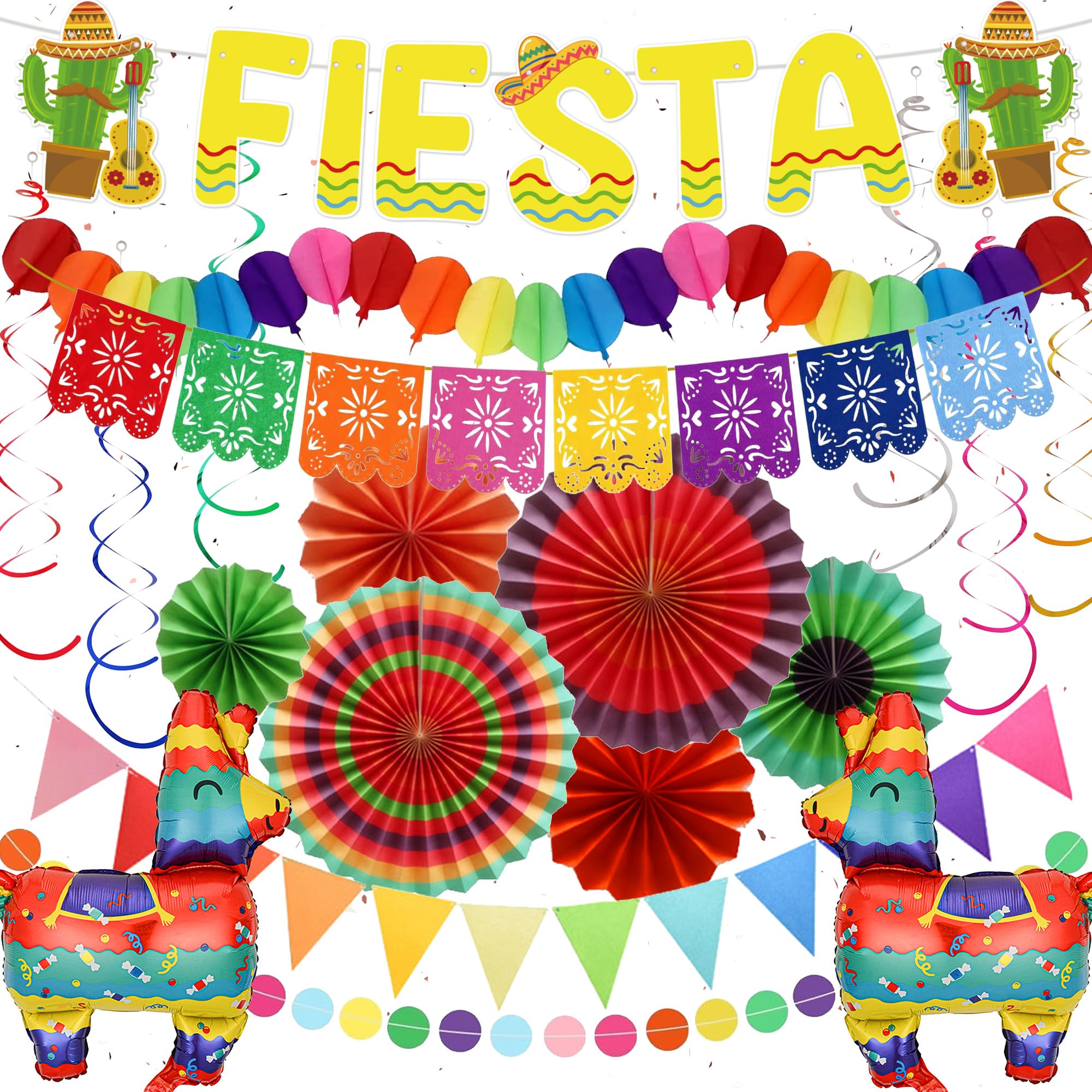 Mexican Party Decorations Fiesta Banner - Multicolour Cinco de Mayo Theme Balloons Garland, Paper Fans and Hanging Swirls for Birthday Carnival Festival Party