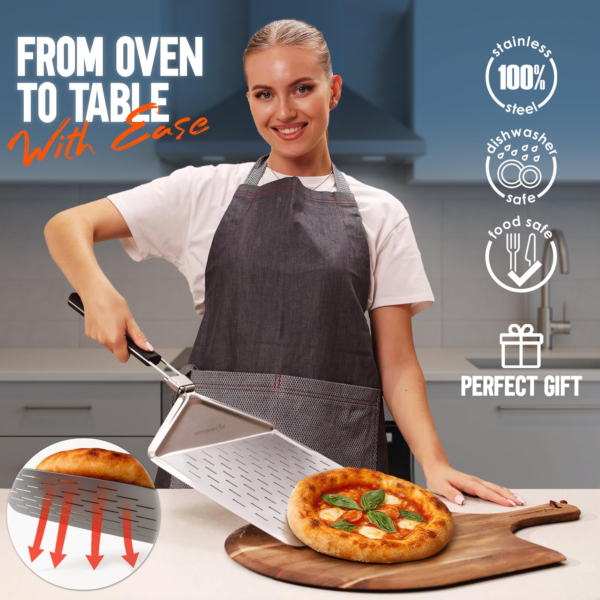 Pala de pizza de acero inoxidable de 12 pulgadas con mango plegable largo (perforado)