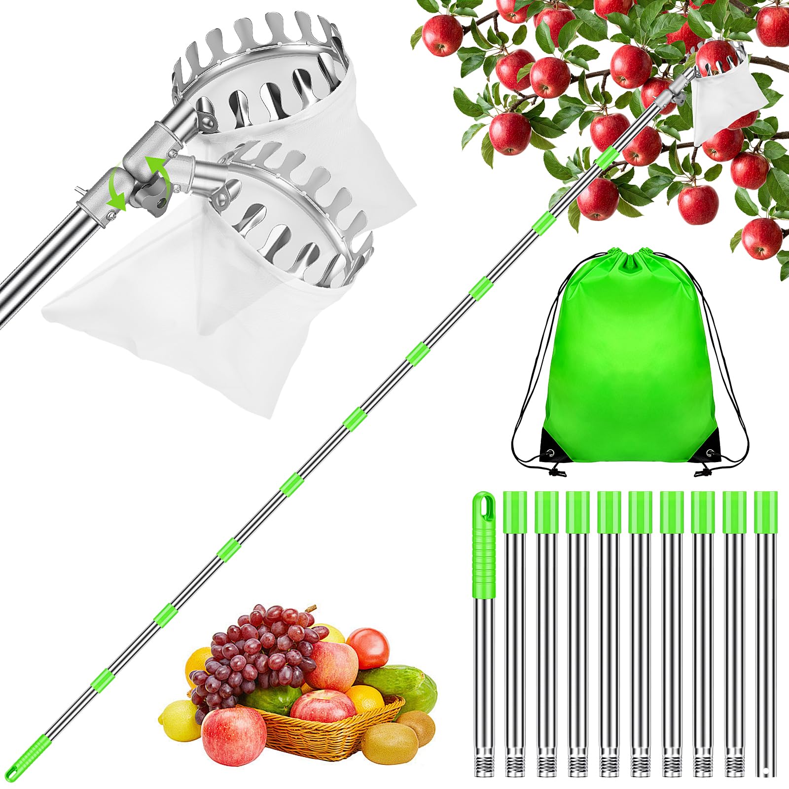 Hysagtek 4M Apple Picker with Telescopic Handle and Adjustable Head - Fruit Picker Tool with Soft Linen Bag, Lightweight Long Reach Grabber Tool for Apple,Cherry,Berry,Orange,Lemon, Easy to Assemble