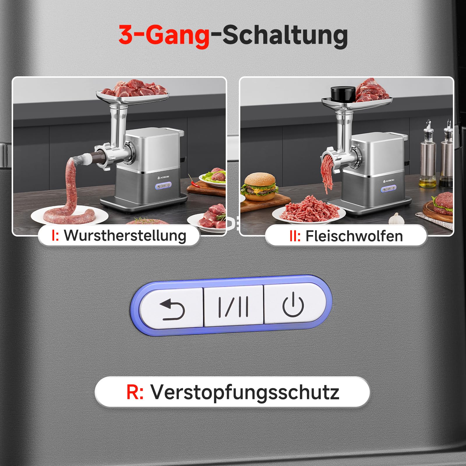 AAOBOSI Leiser Fleischwolf Elektrisch, 3000W Max Mit DC-Motor, Nur 60 dB, Auto-Rücklauf & Verstaubarem Stopfer-3 Geschwindigkeitsstufen, Zum Wolfen, Wurst-Und Kibbe-Herstellen, Für Den Hausgebrauch