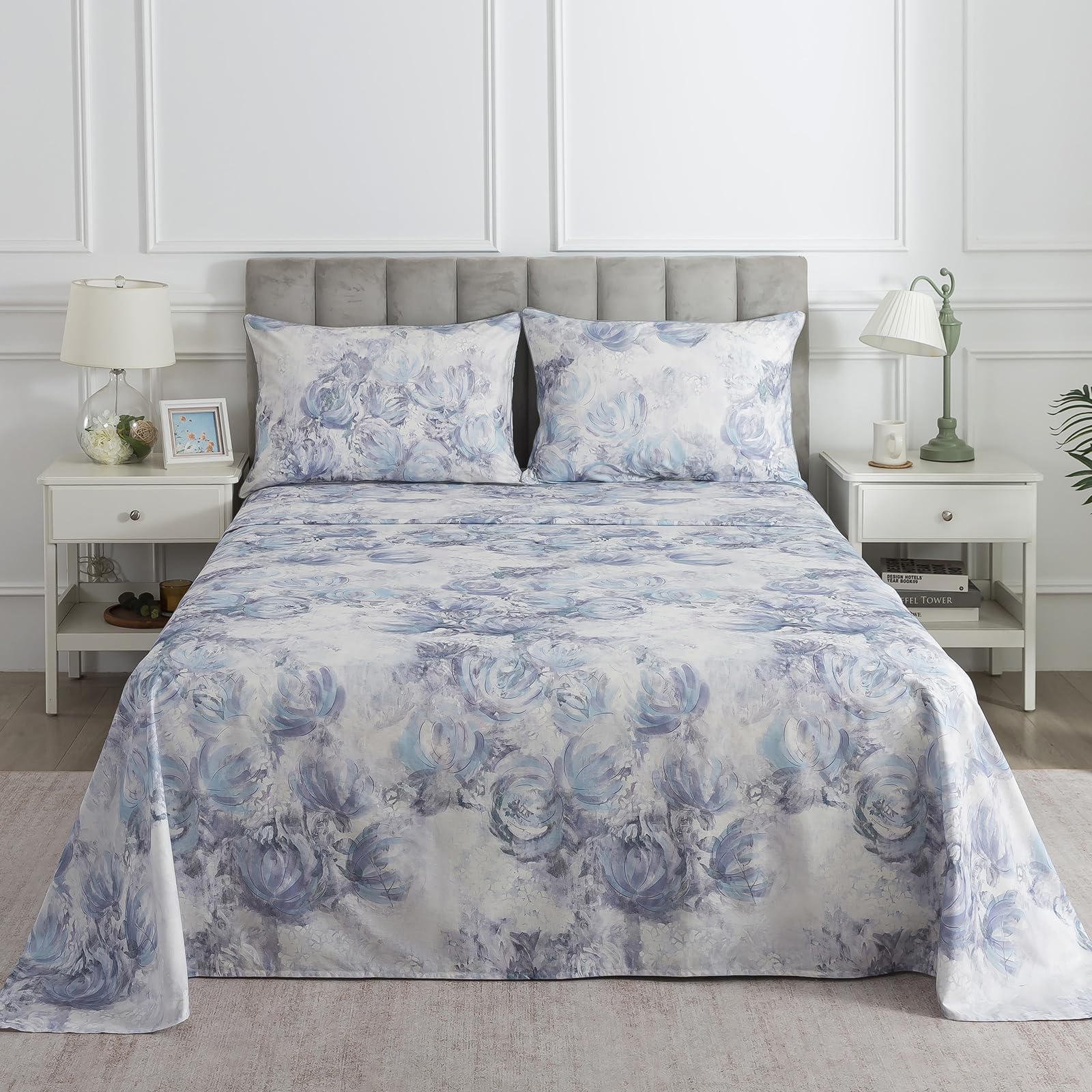 Shabby Blue Floral Chic Percale Sheets King Size, 100% Cotton White Flower Deep Pocket Sheet Set, Abstract Aesthetic Soft Toile Bed Sheets, Luxury Vintage Cottage Core Bedding Sets, 4Pcs