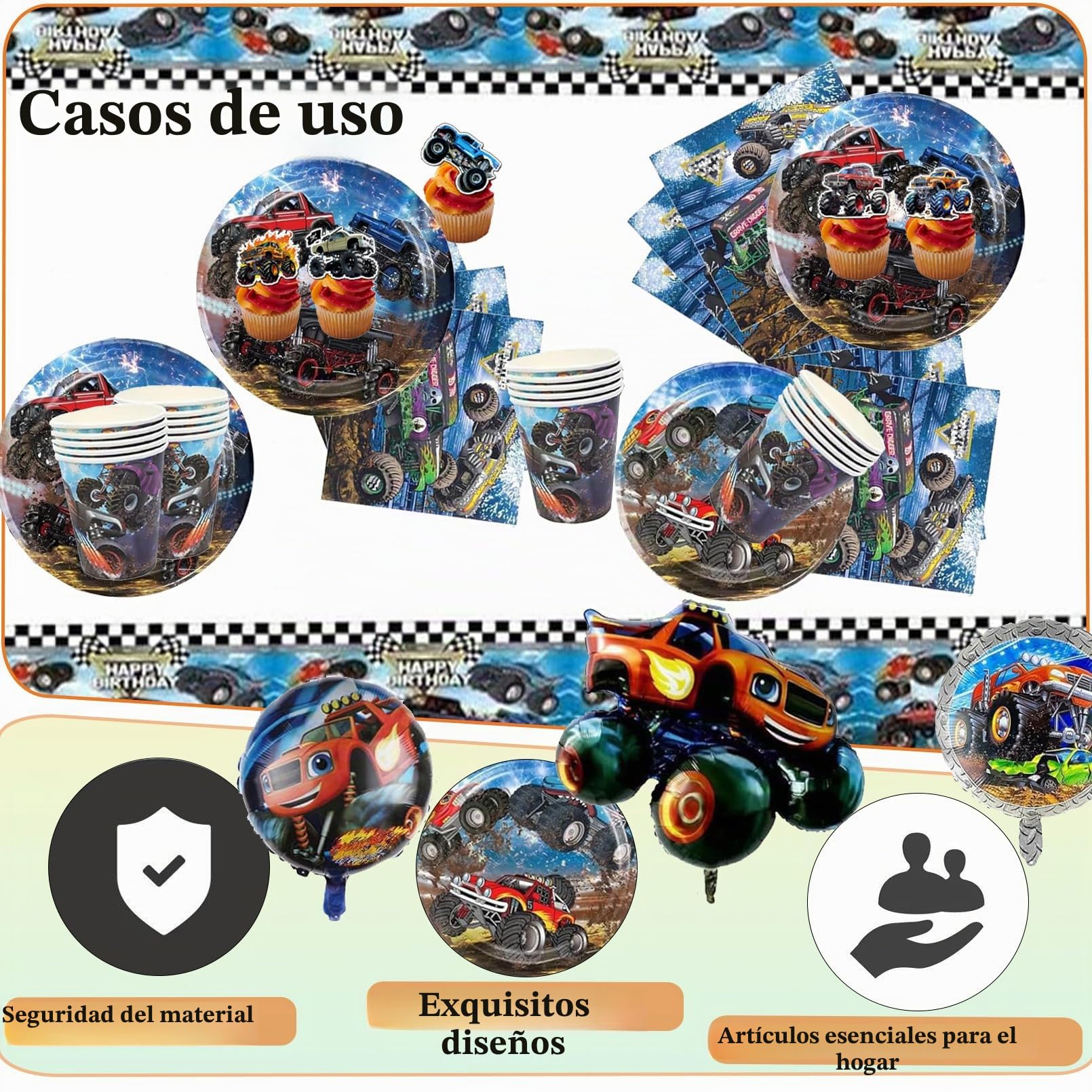 88 Piezas Vajilla Cumpleaños Monster Truk，Decoracion Monster Truk Cumpleaños，Cars Decoracion Fiesta，Servilletas, Manteles, Platos de Papel，Apto para 10 personas