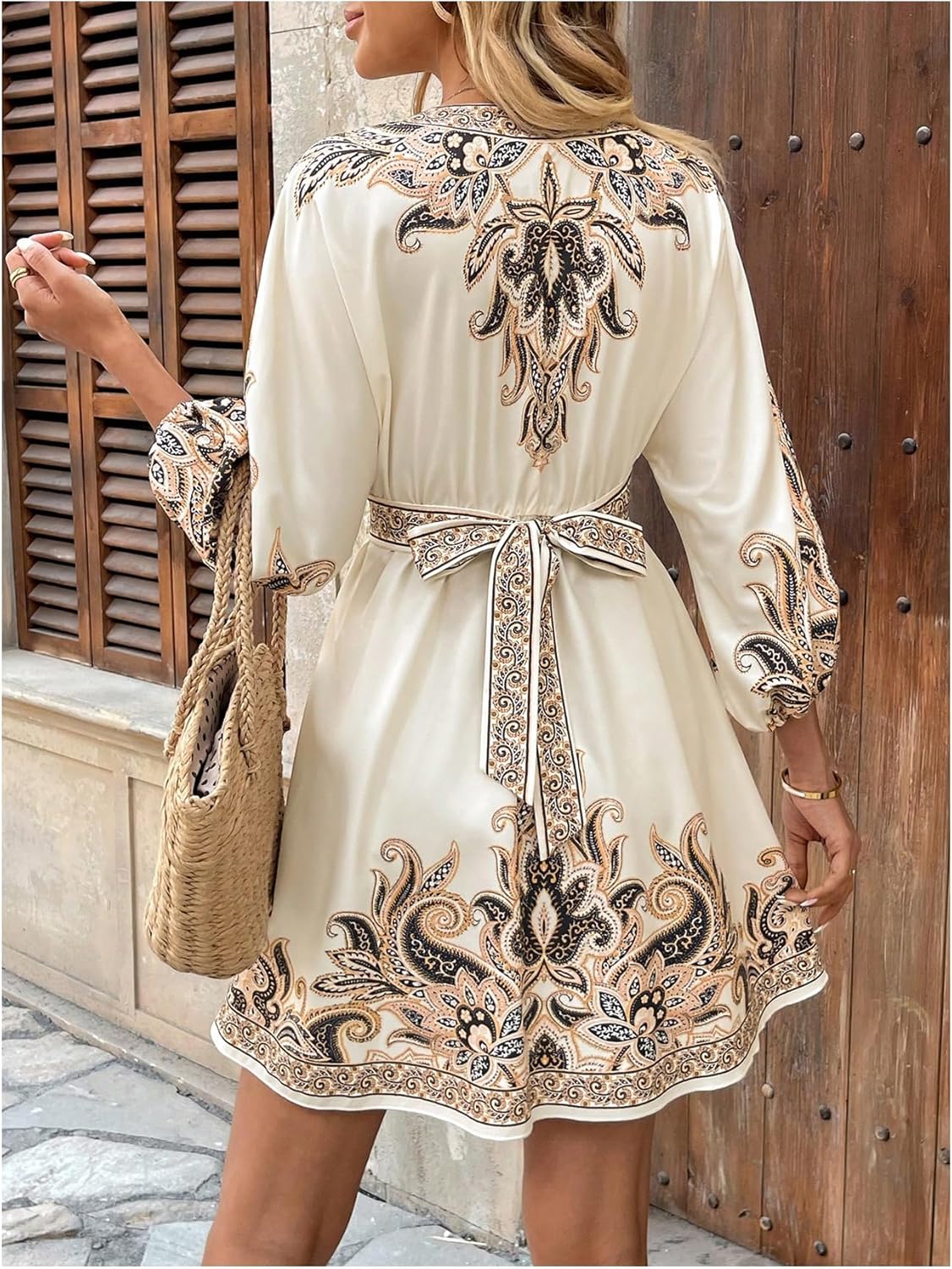 Floerns Women's Boho 3/4 Sleeve Empire Waist Dress Paisley Print V Neck Ruffle A Line Vacation Mini Dresses - Image 3