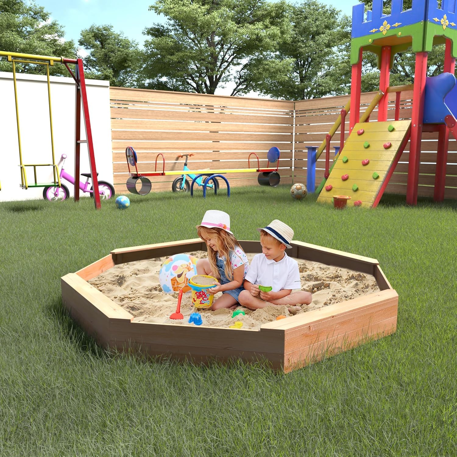 Large Octagonal Wooden Outdoor Sandbox, Outdoor Sandbox with Cover w/ 4 Reinforced Benches for Beach, Patio, Backyard