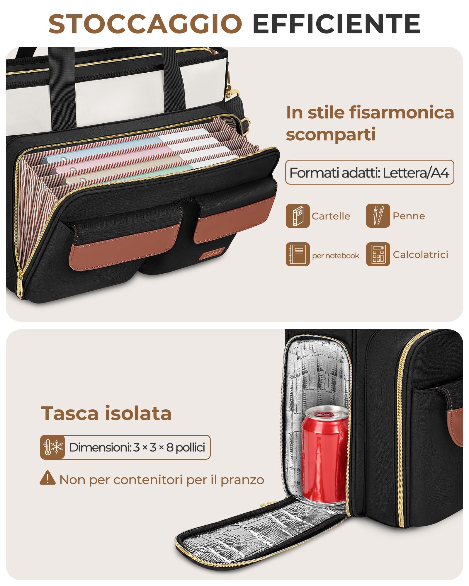 Ytonet Borsa Porta PC Donna 15,6 Pollici, Borsa Lavoro Donna Capiente con Scomparto Imbottito e Organizer a Soffietto, Borse Insegnante Impermeabile per Ufficio, Università, Infermiere, Nero