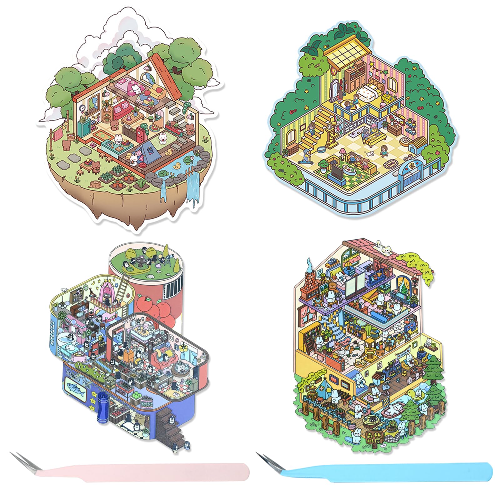 TYXHXTF 4PCS 3D House Stickers, DIY 3D Treehouse Party Stickers, 3D Sticker Scene, Fun DIY Sticker Scene