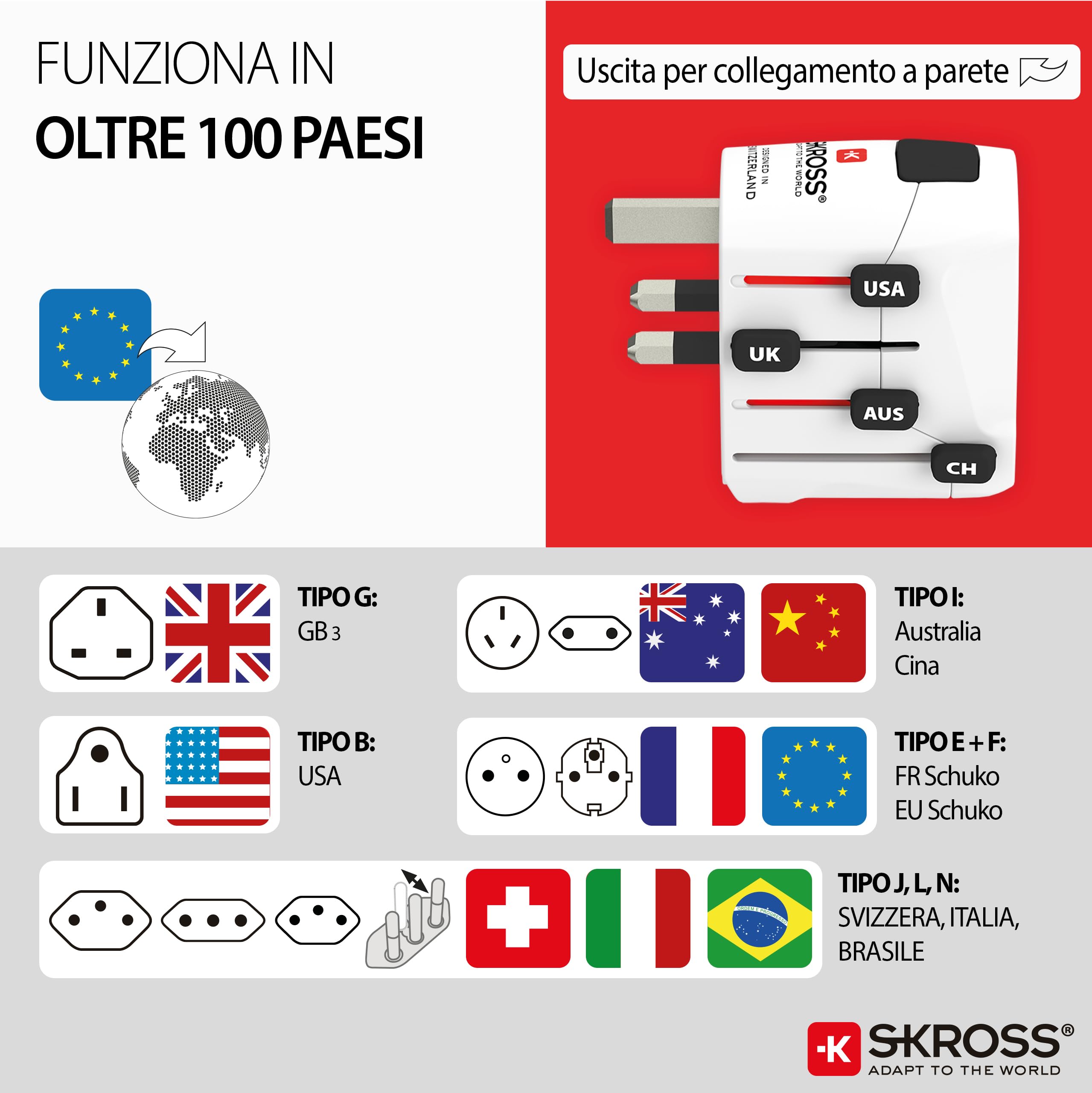 SKROSS | 1.103145 | PRO Light | Adattatore Universale da Viaggio a 2 e 3 Poli per Schuko. Tensione e Potenza nominale: 100V – 630W / 250V – 1575W - Adatto a PC e Asciugacapelli. Protezione Anti Scossa