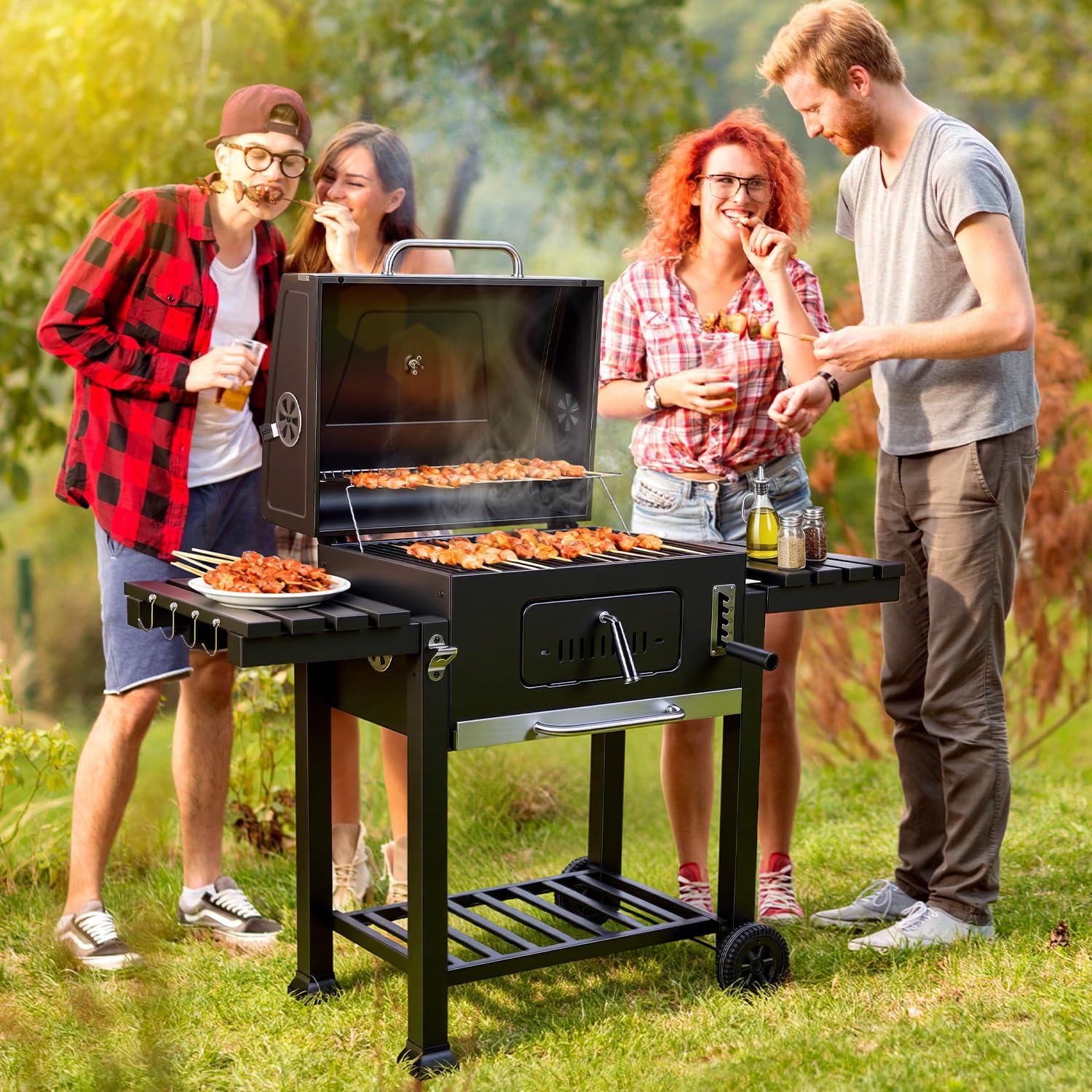 Barbecue a carbonella BBQ XXL Smoker con coperchio, ciotola carbone regolabile, carrello, forno affumicatura, manico in acciaio inox, termometro