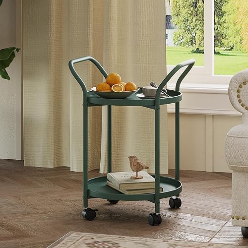 Miniatura 7 de Mesa auxiliar de 2 niveles, mesas auxiliares de metal movibles de 2 bandejas impermeables para sala de estar, dormitorio, oficina, mesa auxiliar