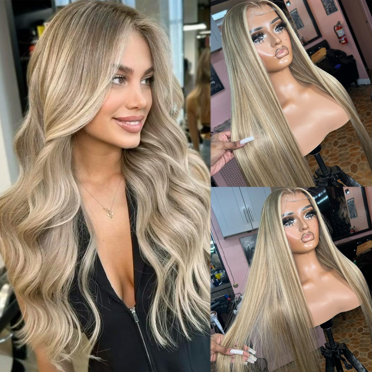 30 Inch Blonde Highlight Human Hair Lace Front Wig for White Women Straight 13x4 Frontal Pre Plucked Ombre Balayage Beige Blonde with White Platinum