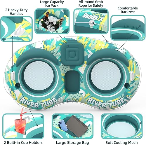 Miniatura 3 de 5-in-1 Pool Floats Adult Heavy Duty River Tube, 2 Person Water Lounge with Backrests, Built-in Cooler, Cup Holders, Deluxe Pool Float for Summer