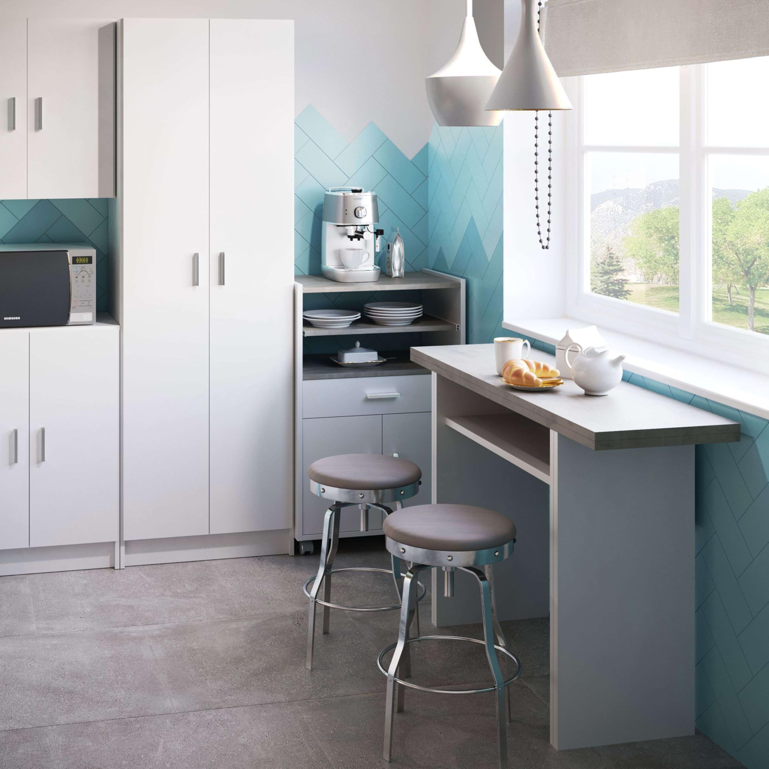 Habitdesign Armadietto ausiliario per microonde, tavolo da cucina con cassetto e due ante, colore bianco e cemento, misure: 92 cm (altezza) x 59 cm (larghezza) x 40 cm (profondità)