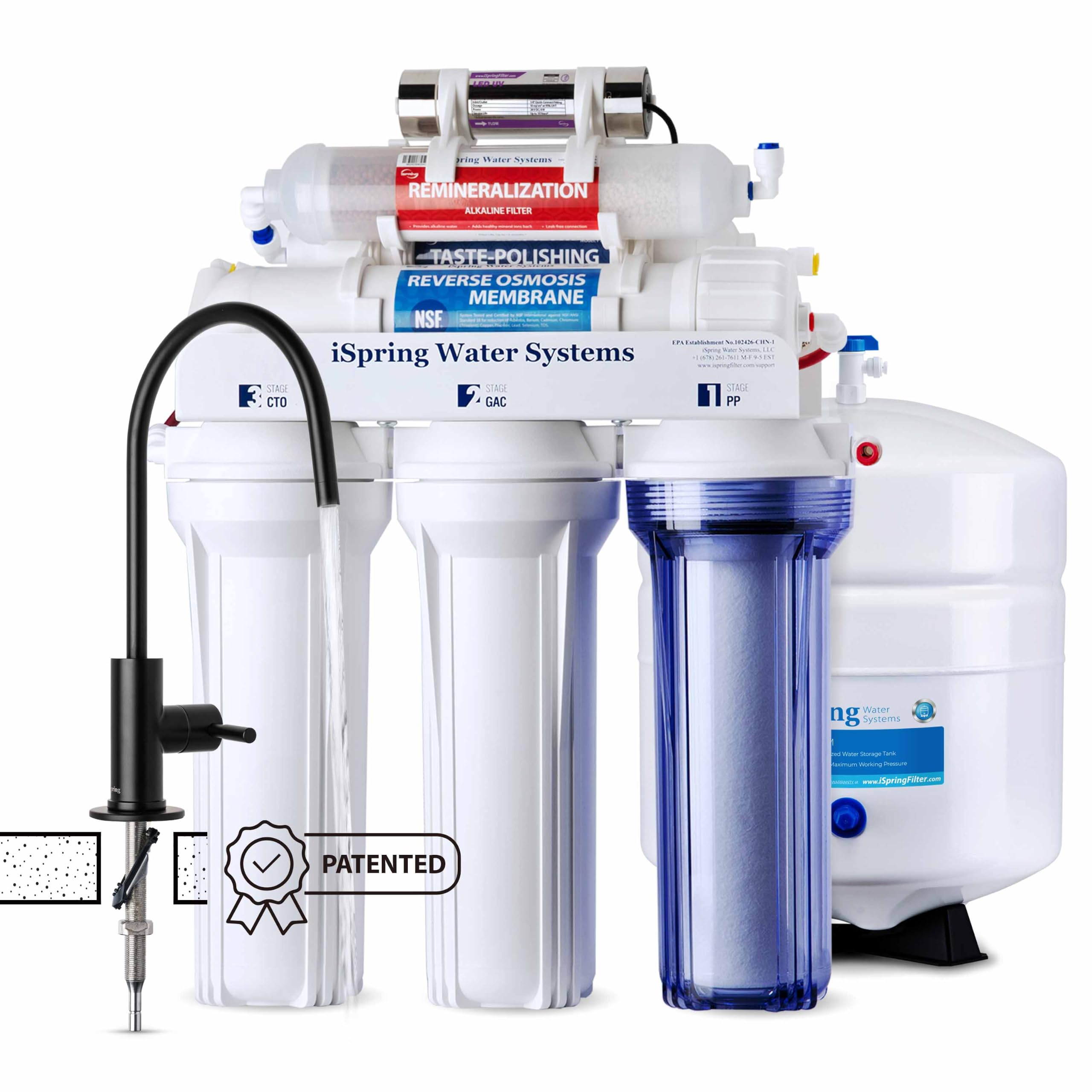 iSpring RCC7AK-UVBLK, NSF 58&372 Certified, 7-Stage Reverse Osmosis Water Filter System with Alkaline and LED UV Filter, Patented Top-Mounted Faucet Design for Easy Installation, Sleek Black Faucet, 7-Stage, Alkaline & UV