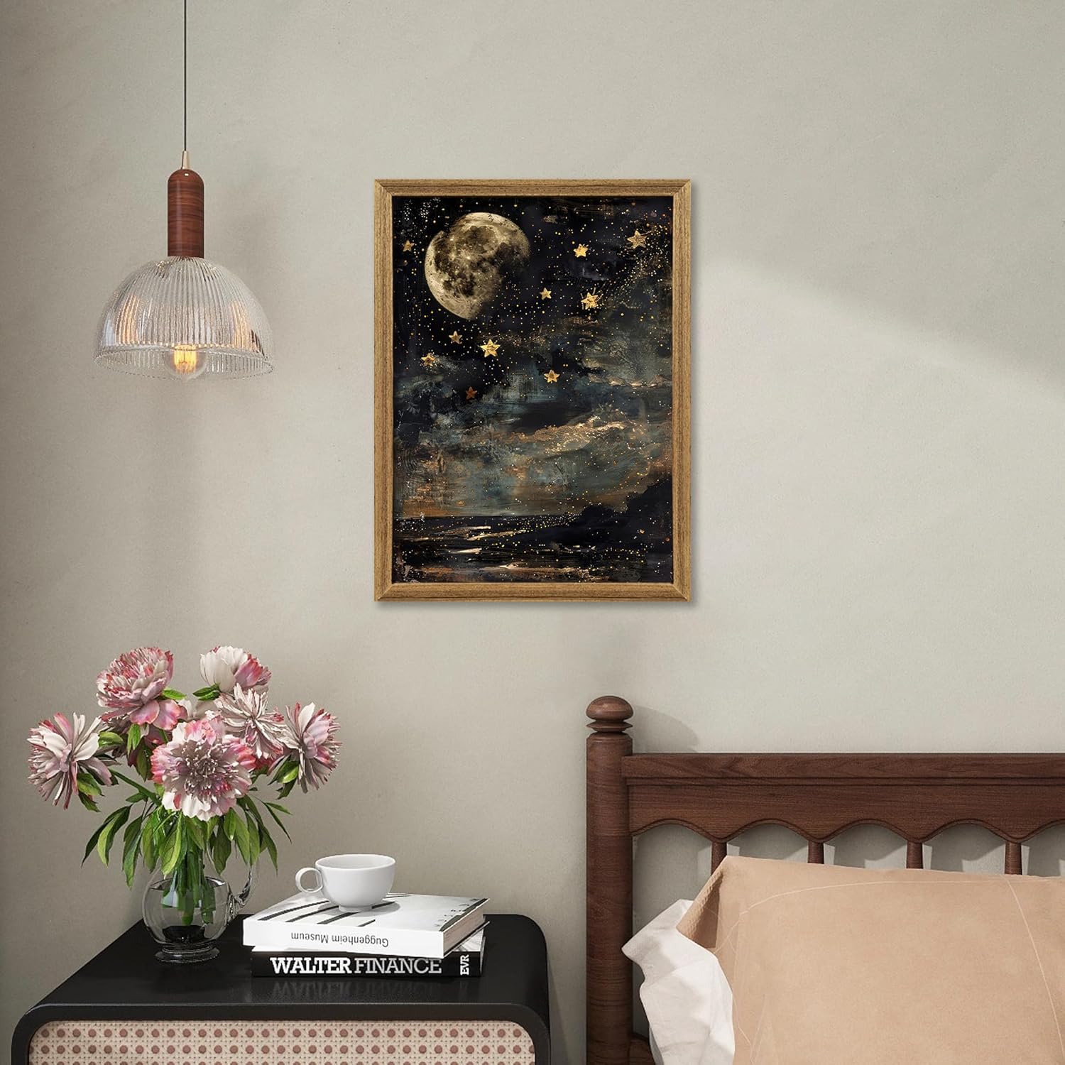 ICHZUMW Moon and Stars Celestial Canvas Wall Art, Mystical Moody Night Sky Poster Prints, Vintage Witchy Dark Academia Wall Decor, Framed Eclectic Gothic Home Decor for Desk Bedroom Bathroom, 12x16in